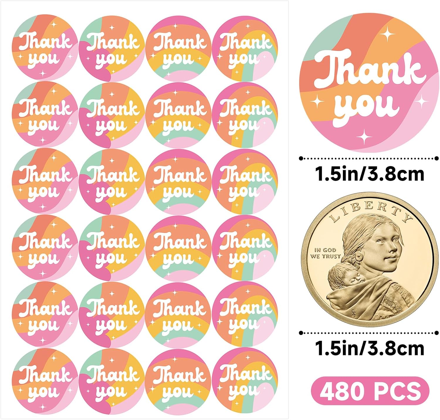 Thank You Stickers - Rainbow Star Thank You Stickers for Small Business 480Pcs 1.5In Thank You Sticker for Packaging Self Adhesive Thank You Party Favor Seal Label Sticker for Card 4 Design