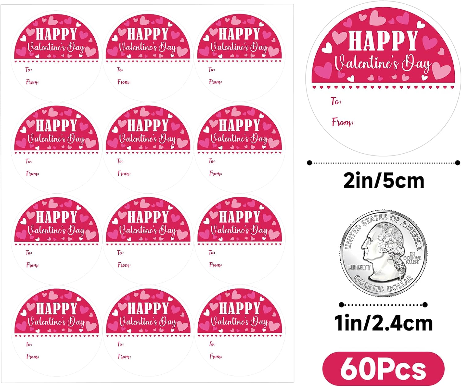 Valentines Day Gift Stickers - Happy Valentine's Day Name Stickers 60Pcs 2Inch Valentines to from Sticker Self Adhesive Happy Valentine's Heart Sticker for Envelope Seal Card Party Favors