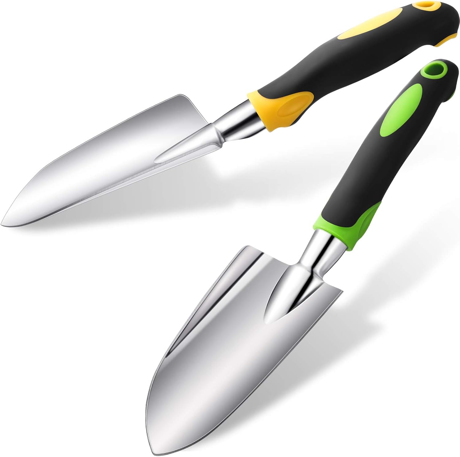 2 Pcs Garden Trowel Hand Shovel Tool Soil Scoop with Soft Rubberized Non Slip Handle Aluminum Alloy Potting Shovel for Digging Planting Yellow, Green