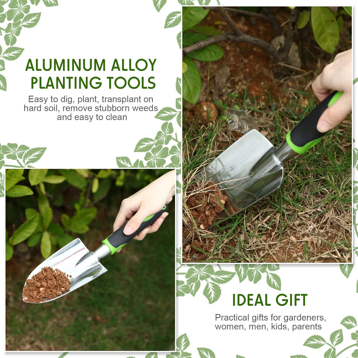 2 Pcs Garden Trowel Hand Shovel Tool Soil Scoop with Soft Rubberized Non Slip Handle Aluminum Alloy Potting Shovel for Digging Planting Yellow, Green