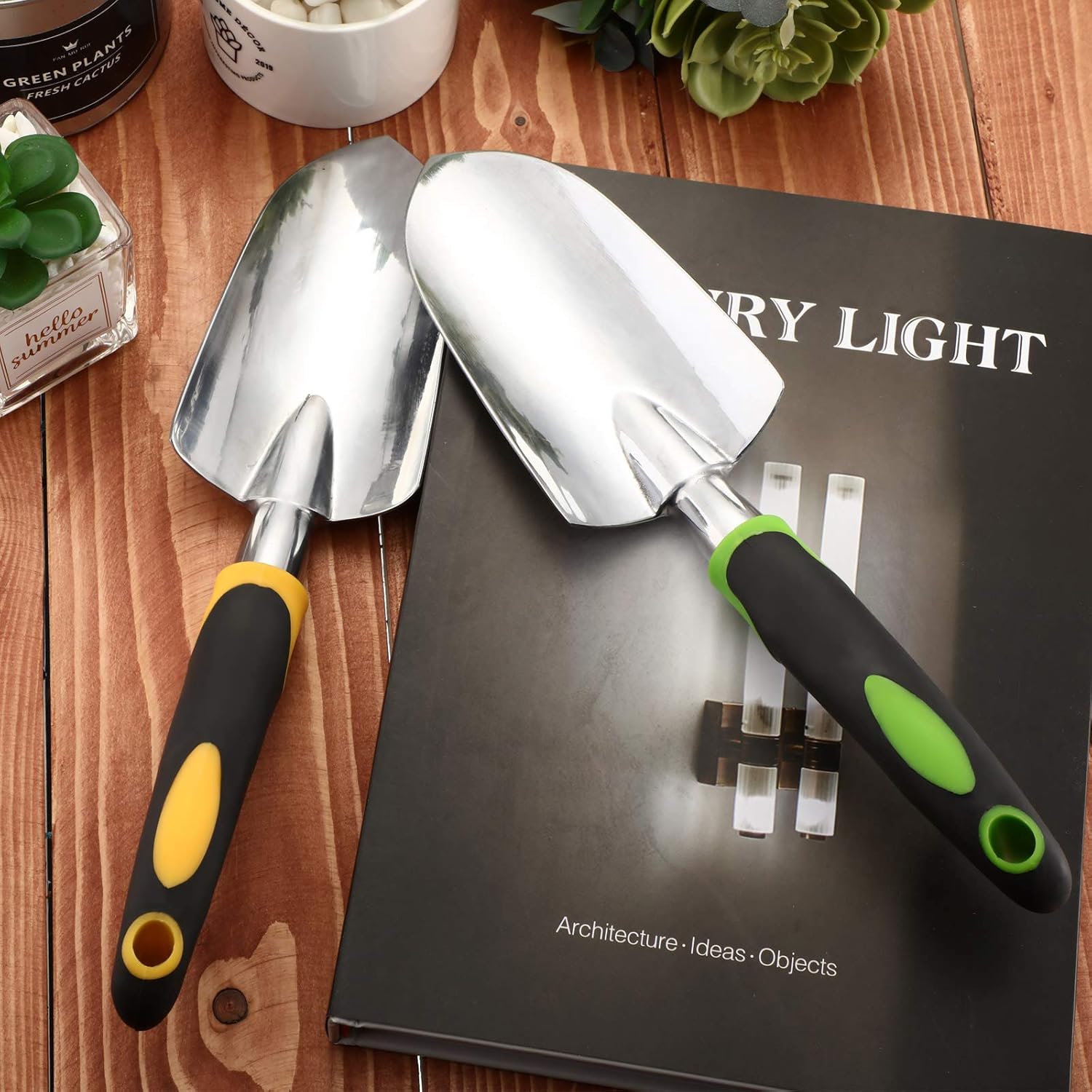 2 Pcs Garden Trowel Hand Shovel Tool Soil Scoop with Soft Rubberized Non Slip Handle Aluminum Alloy Potting Shovel for Digging Planting Yellow, Green