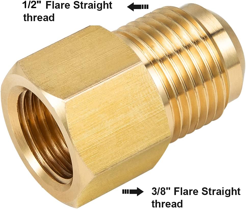 2pcs 3/8 Inch 5/8"-18UNF Female Flare x 1/2 Inch 3/4"-16UNF Male Flare Brass Adapter for fuel, oil, air, liquid petroleum LP and natural gas lines connections