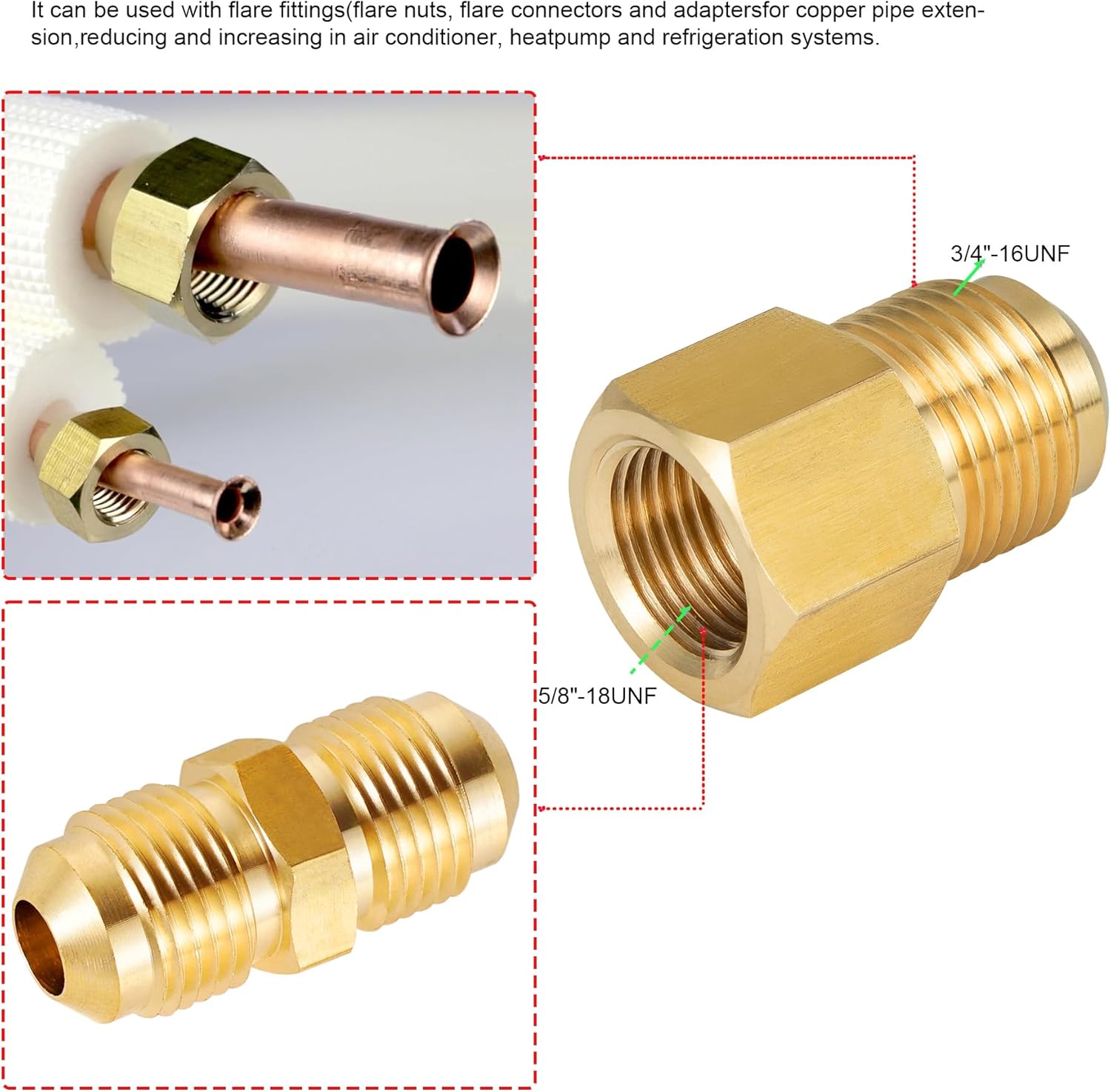 2pcs 3/8 Inch 5/8"-18UNF Female Flare x 1/2 Inch 3/4"-16UNF Male Flare Brass Adapter for fuel, oil, air, liquid petroleum LP and natural gas lines connections