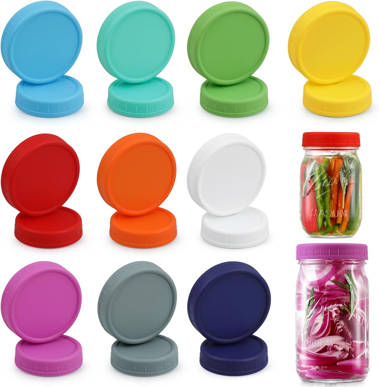10 WIDE Mouth & 10 REGULAR Mouth Mason Jar Lids - 20 Pack Food Grade Plastic Mason Jar Caps for Ball, Kerr and More Canning Jars - Leakproof & Dishwasher Safe - Multicolor