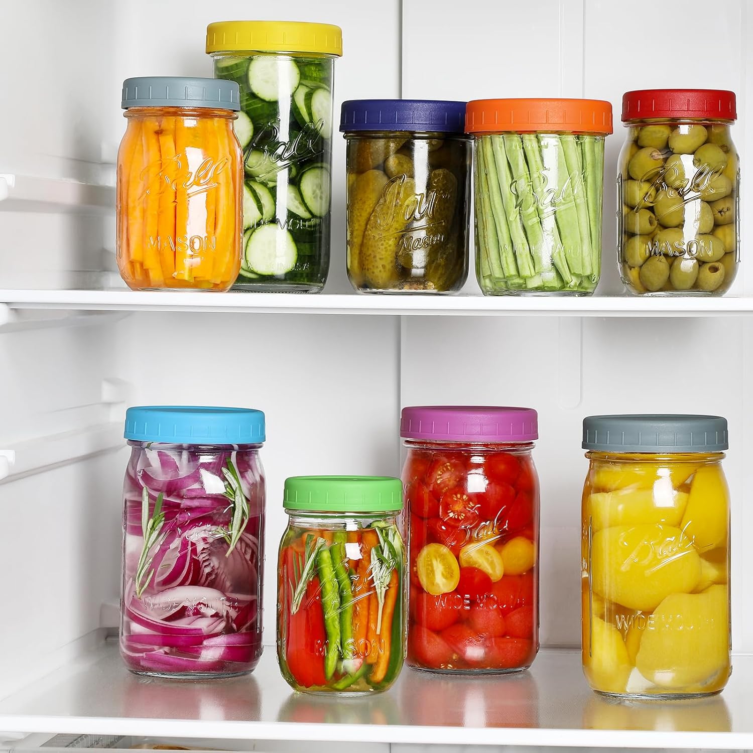 10 WIDE Mouth & 10 REGULAR Mouth Mason Jar Lids - 20 Pack Food Grade Plastic Mason Jar Caps for Ball, Kerr and More Canning Jars - Leakproof & Dishwasher Safe - Multicolor