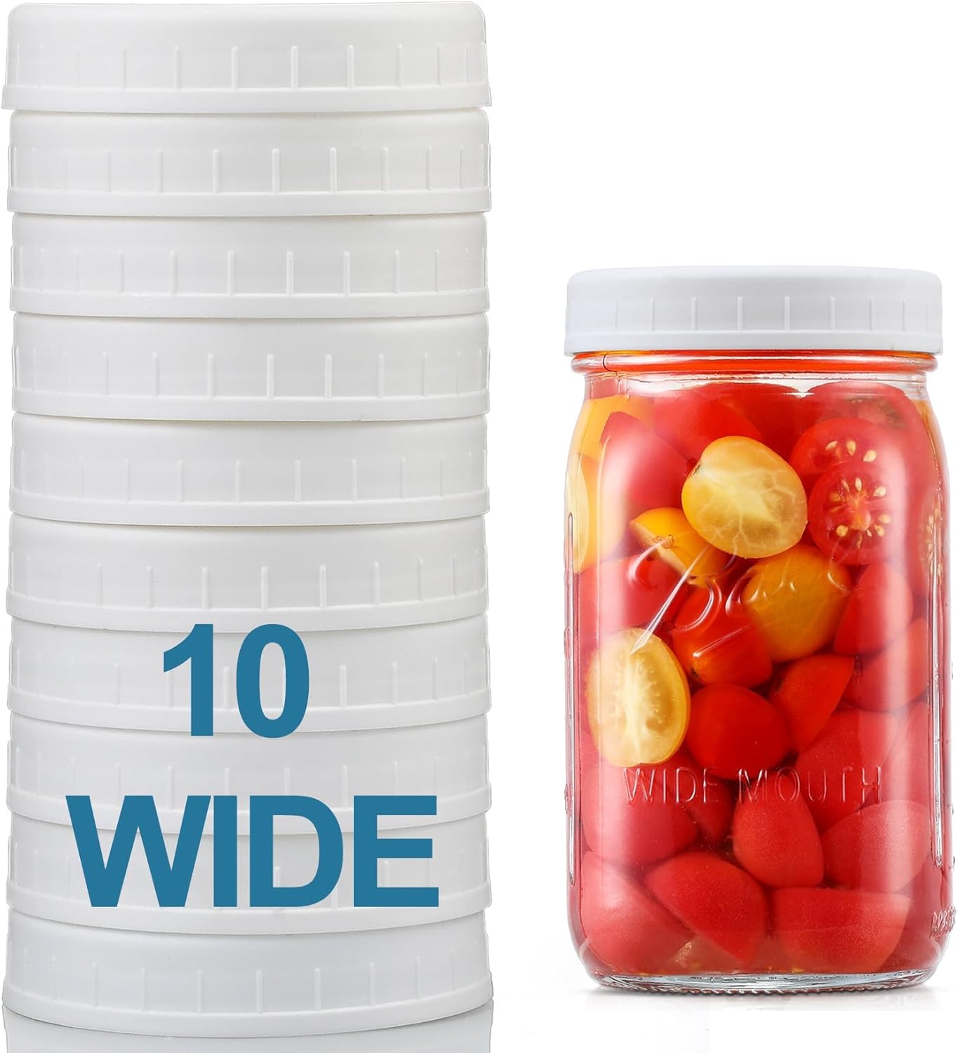 10 Pack WIDE Mouth Mason Jar Lids for Ball, Kerr and More - White Plastic Storage Caps for Mason/Canning Jars - Leak-Proof, Dishwasher Safe & Food Grade