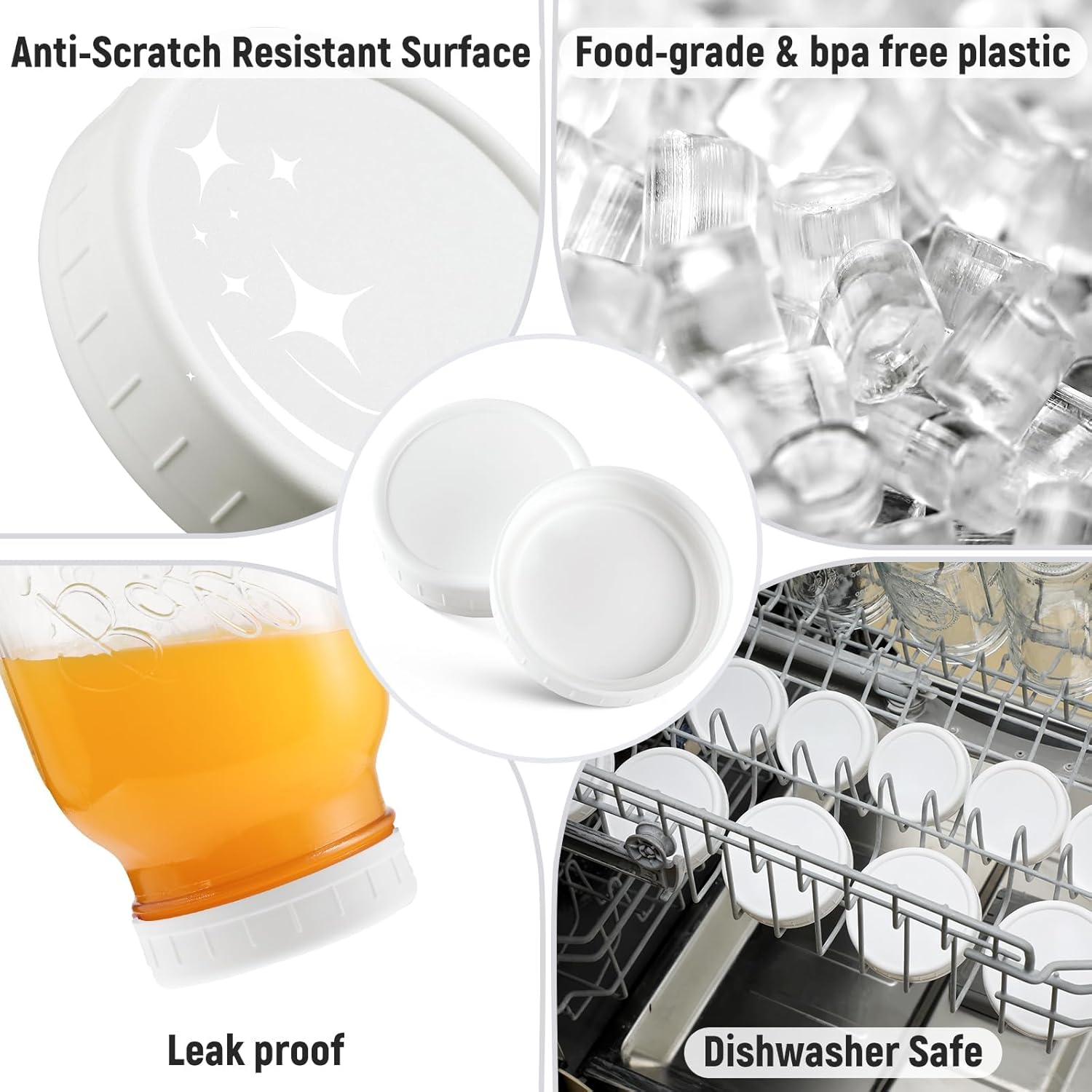 10 Pack WIDE Mouth Mason Jar Lids for Ball, Kerr and More - White Plastic Storage Caps for Mason/Canning Jars - Leak-Proof, Dishwasher Safe & Food Grade