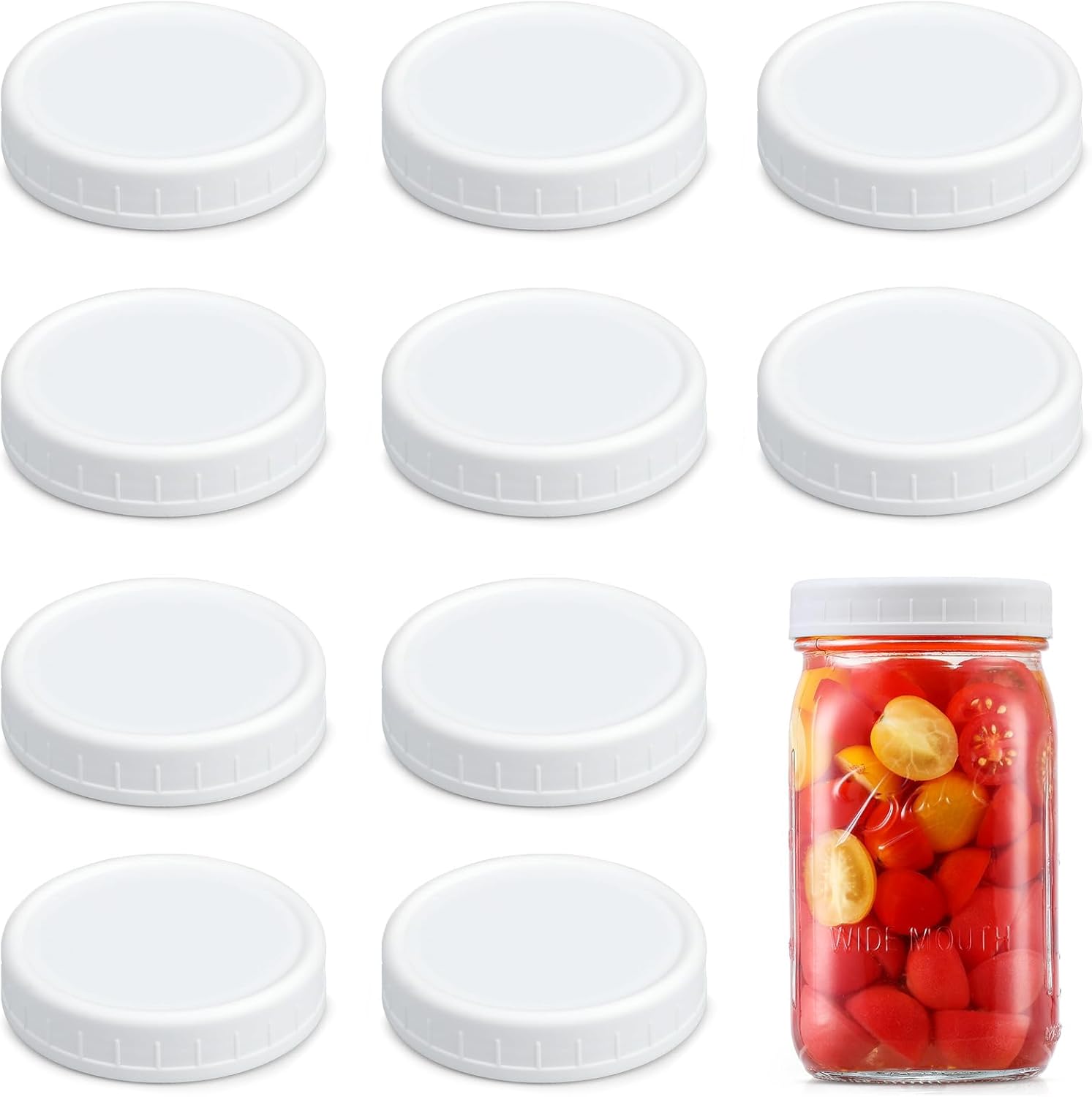 10 Pack WIDE Mouth Mason Jar Lids for Ball, Kerr and More - White Plastic Storage Caps for Mason/Canning Jars - Leak-Proof, Dishwasher Safe & Food Grade