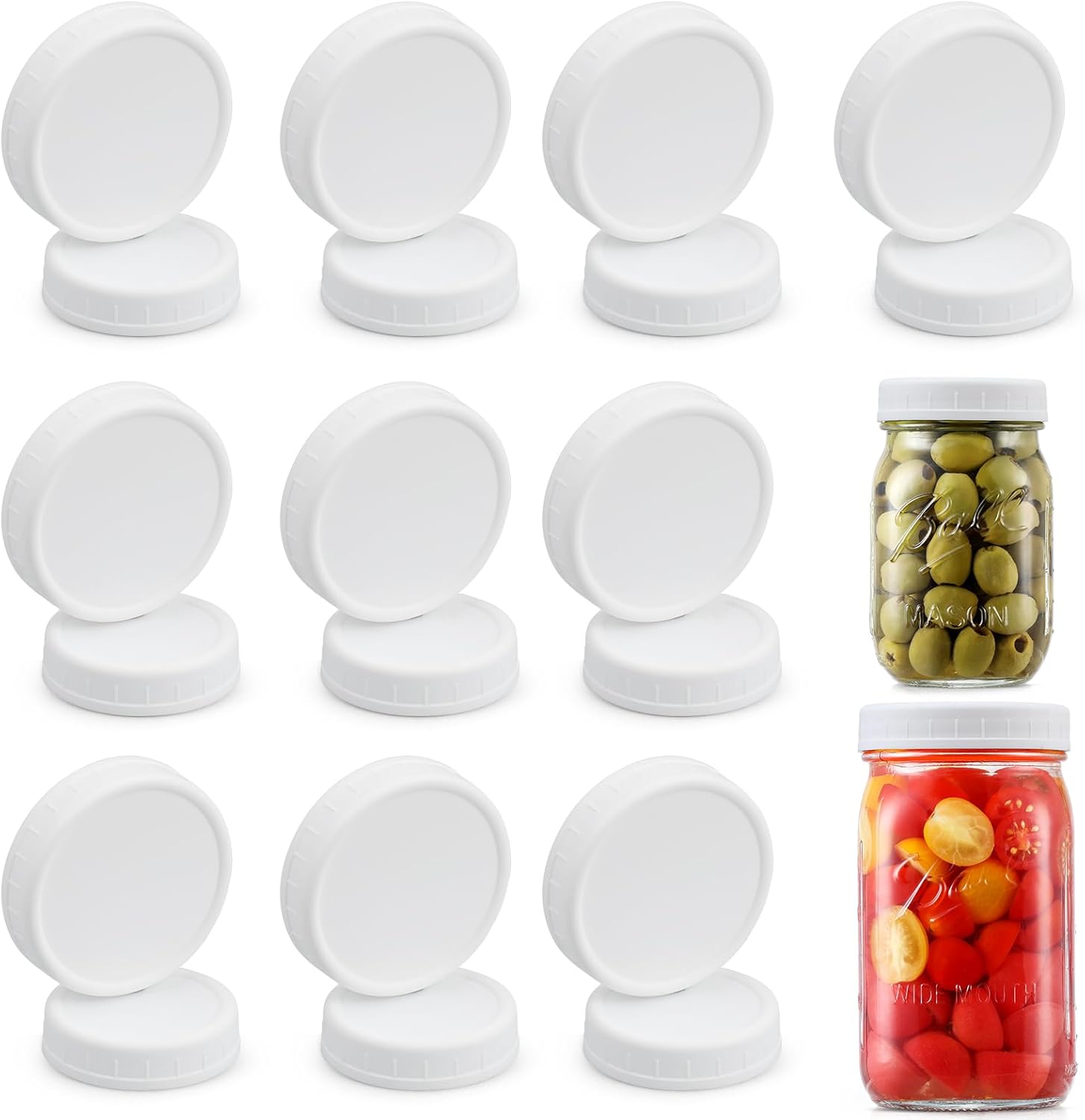 10 WIDE Mouth & 10 REGULAR Mouth Mason Jar Lids - 20 Pack Food Grade Plastic Mason Jar Caps for Ball, Kerr and More Canning Jars - Leakproof & Dishwasher Safe - White