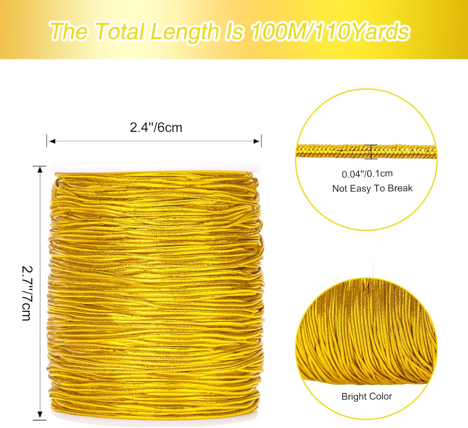 110Yard Gold Elastic Cord - 1MM Gold Elastic String Metallic Tinsel Stretch Cord Elastic Ribbon Braiding Rope for Ornament Craft Hair Gift Wrapping Hang Jewelry Making Bracelet Christmas Decor