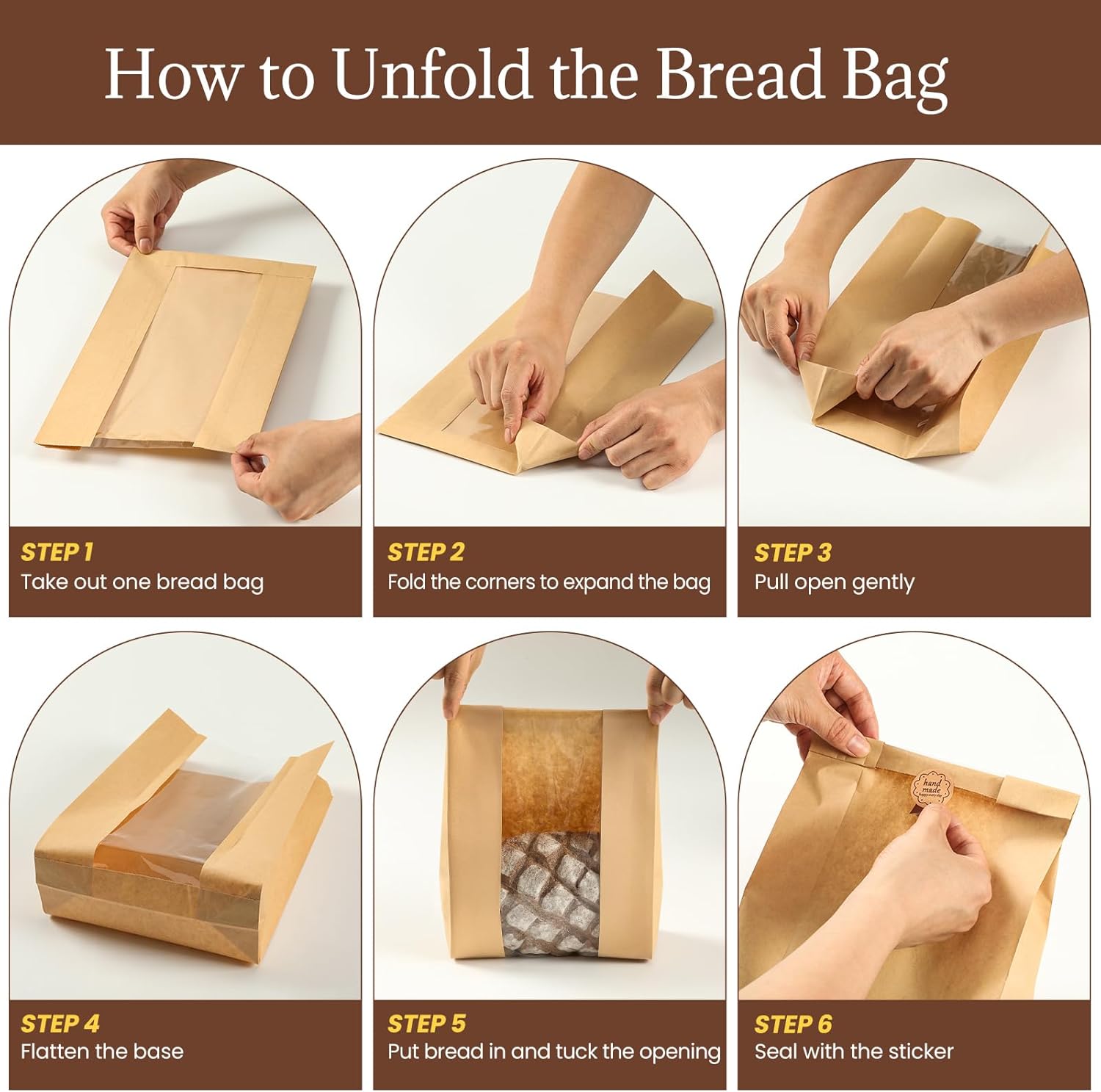 100 Pack Paper Bread Bags for Homemade, Bread Bags with Window for Sourdough Bread Storage, 13.7x8.3x3.5 Inch, Includes Seal Stickers