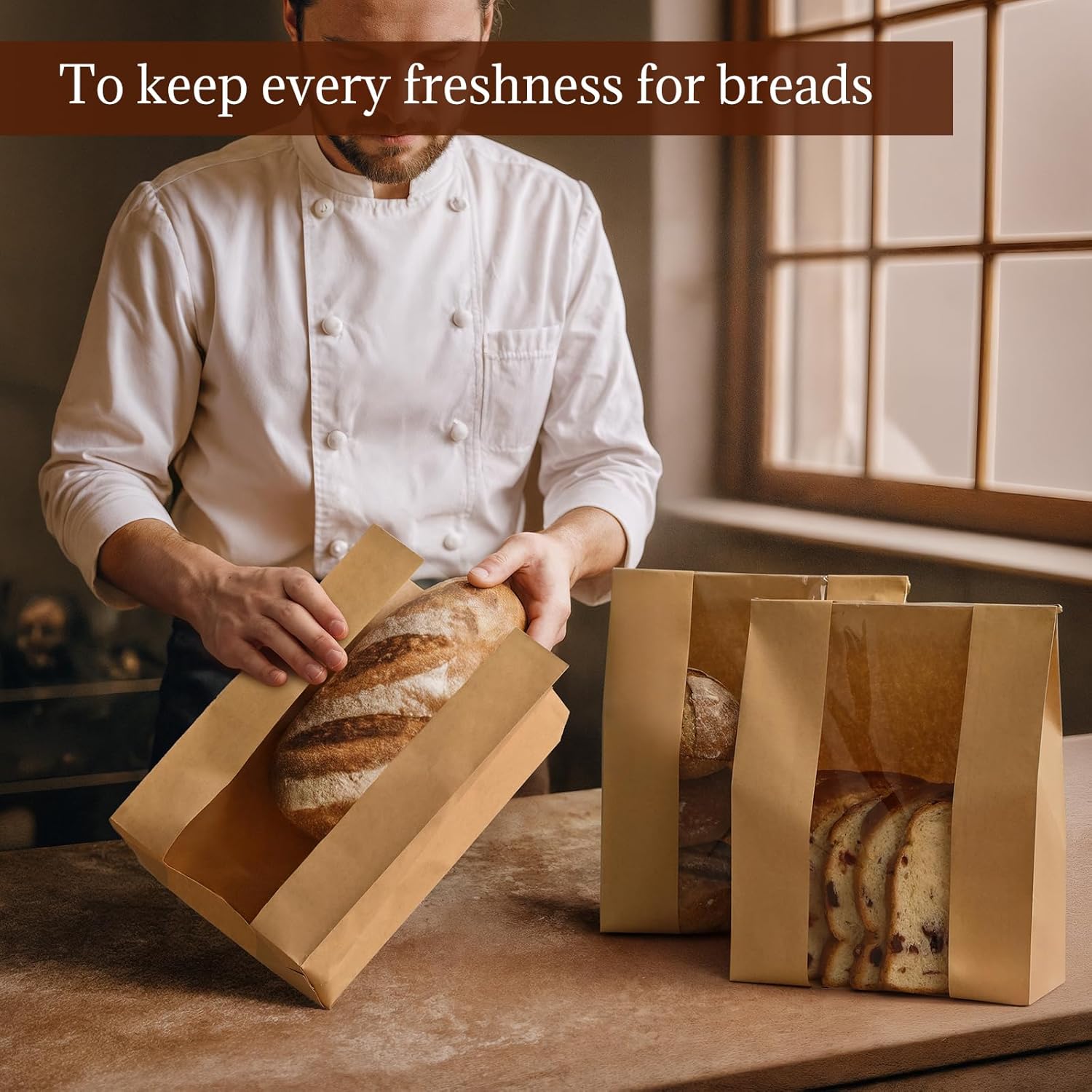 100 Pack Paper Bread Bags for Homemade, Bread Bags with Window for Sourdough Bread Storage, 13.7x8.3x3.5 Inch, Includes Seal Stickers