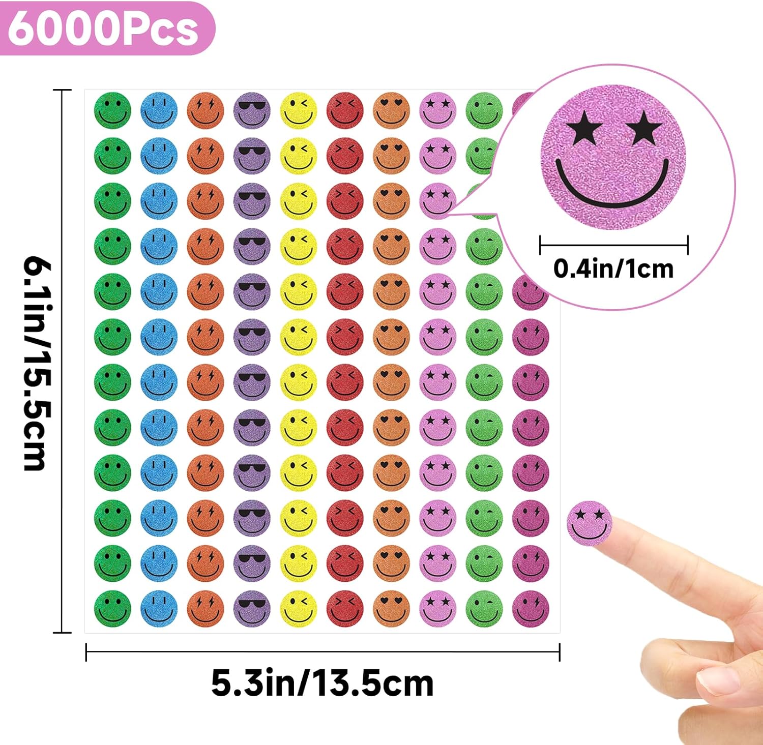 6000Pcs Smiley Face Stickers - 3/8'' Holographic Happy Face Stickers Cute Reward Sticker for Kids Classroom Self Adhesive Positive Incentive Sticker for Teacher Calendar One Happy Dude Birthday
