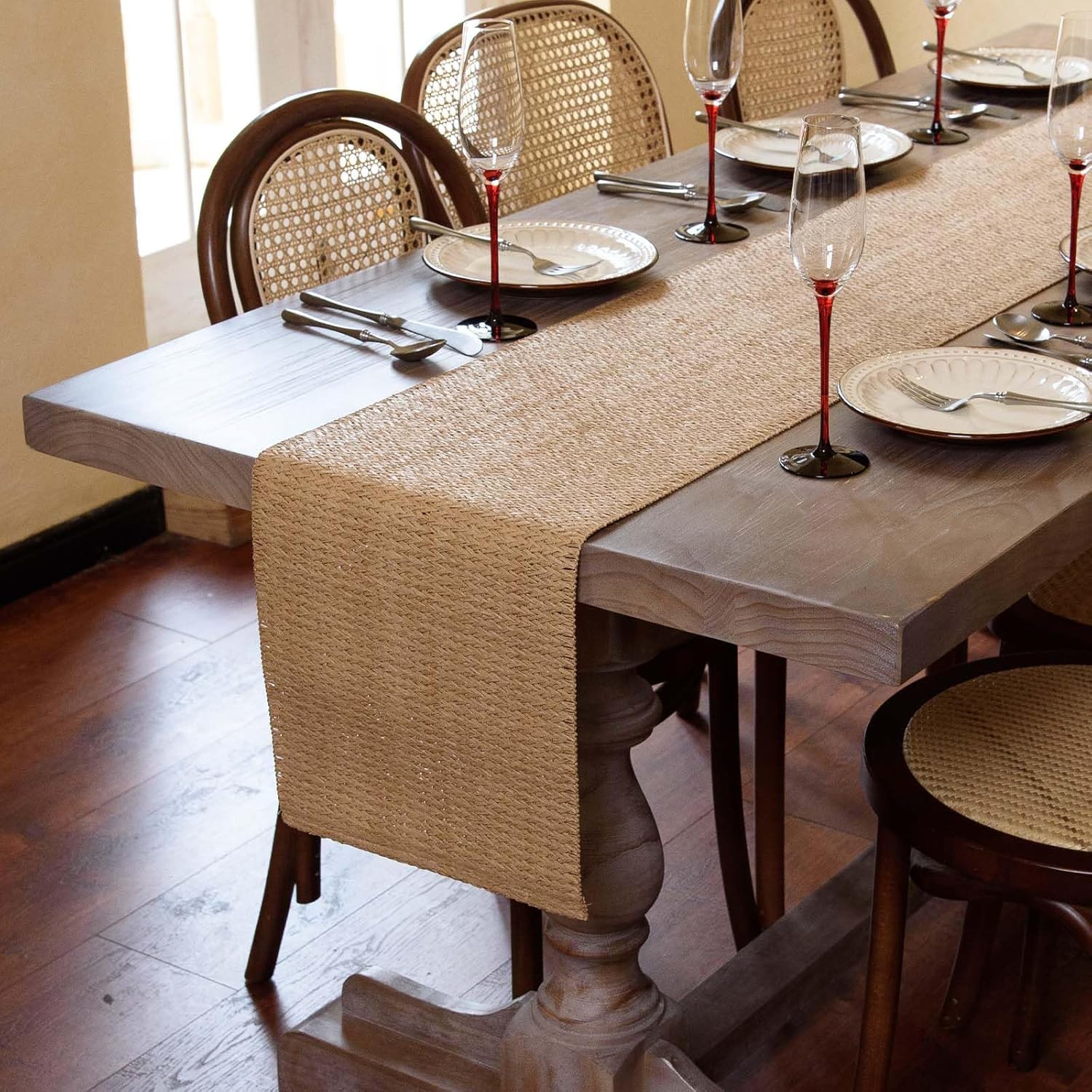 Natural Paper Braided Tablerunner 36 Inches Long for Dining Tables Farmhouse Rustic Table Runner Indoor & Outdoor Light Brown
