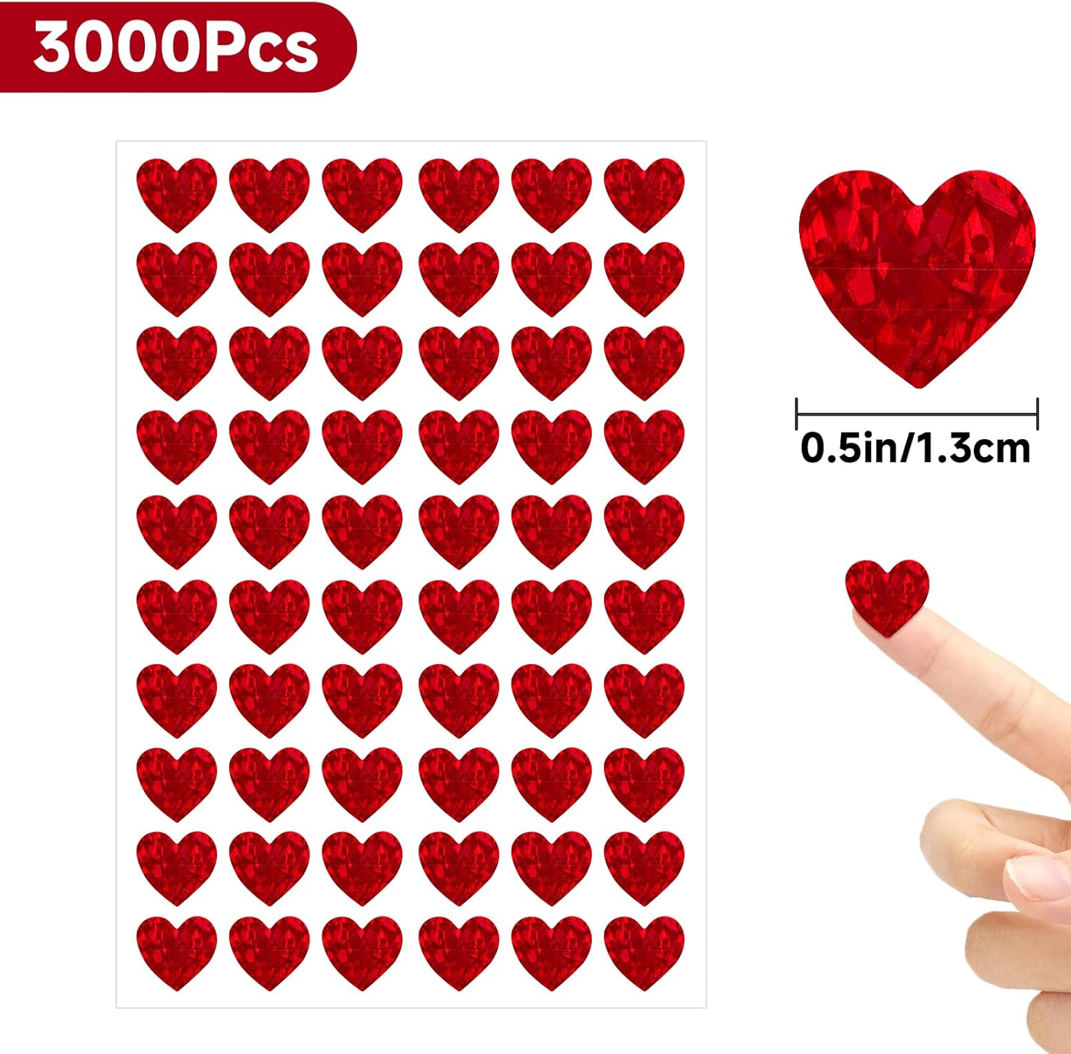 3000Pcs Heart Stickers - 1/2Inch Holographic Red Heart Stickers Tiny Mini Small Heart Shape Sticker Self Adhesive Happy Valentines Day Heart Love Sticker for Envelope Card Crafts Gift Wrapping