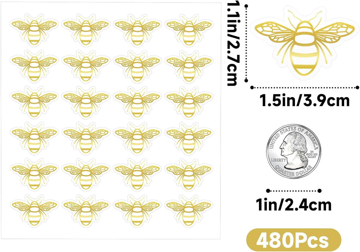 480Pcs Bee Stickers - Gold Foil Envelope Seal Label Sticker Queen Bee Decals Stickers Self Adhesive Clear Bee Spring Summer Stickers for Gift Card Craft Baby Shower Birthday Party Favors