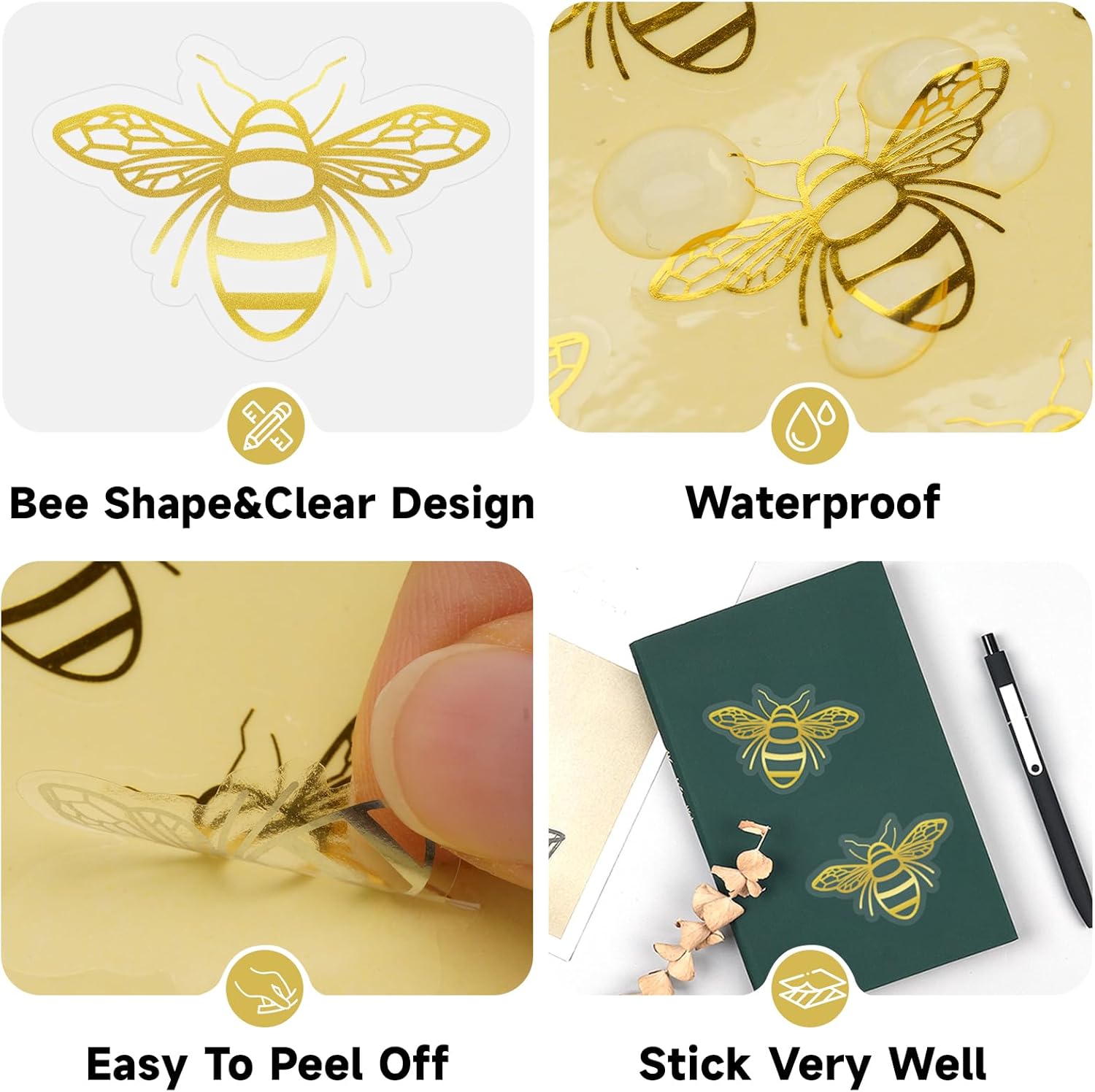 480Pcs Bee Stickers - Gold Foil Envelope Seal Label Sticker Queen Bee Decals Stickers Self Adhesive Clear Bee Spring Summer Stickers for Gift Card Craft Baby Shower Birthday Party Favors