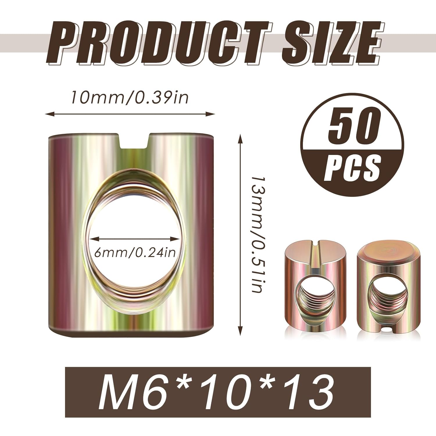 50 Pcs Metric M6 Barrel Nuts Cross Dowels Slotted Nuts Bunk Bed Replacement Hardware Headboard Hardware Kit for Baby Bed Crib Chairs Furniture M6 x 10 mm x 13 mm Gold