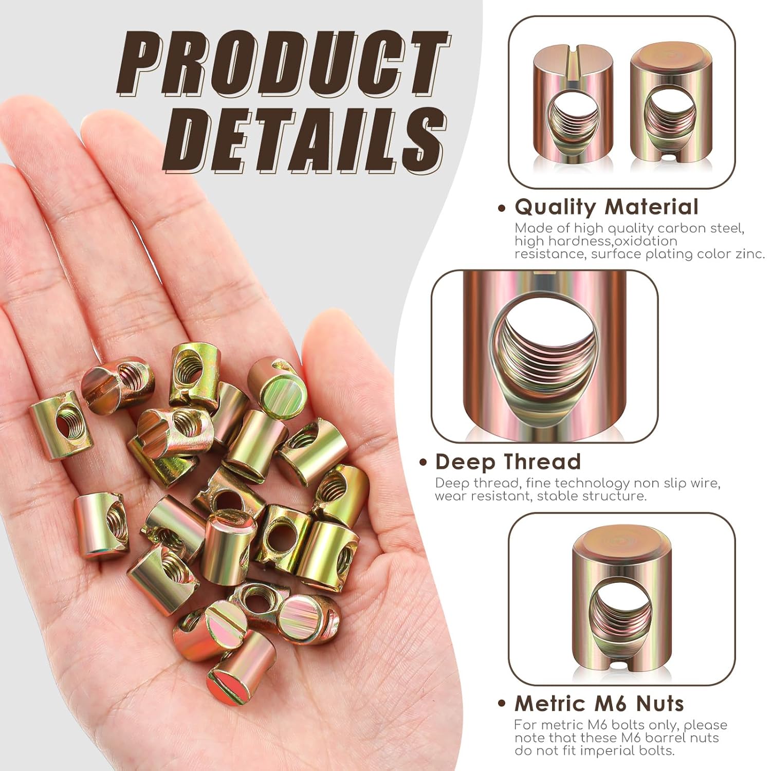 50 Pcs Metric M6 Barrel Nuts Cross Dowels Slotted Nuts Bunk Bed Replacement Hardware Headboard Hardware Kit for Baby Bed Crib Chairs Furniture M6 x 10 mm x 13 mm Gold