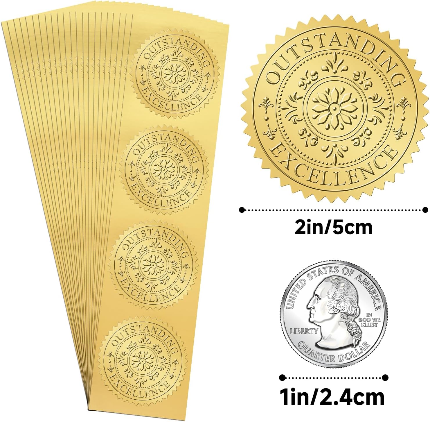Gold Seals Stickers for Certificate - 2In 100Pcs Foil Embossed Outstanding Excellence Award Sticker Self-Adhesive Gold Metallic Envelope Seals Labels Stickers for Certificate Diploma Graduation