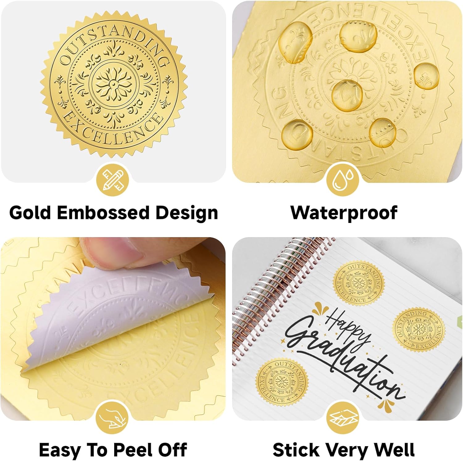 Gold Seals Stickers for Certificate - 2In 100Pcs Foil Embossed Outstanding Excellence Award Sticker Self-Adhesive Gold Metallic Envelope Seals Labels Stickers for Certificate Diploma Graduation