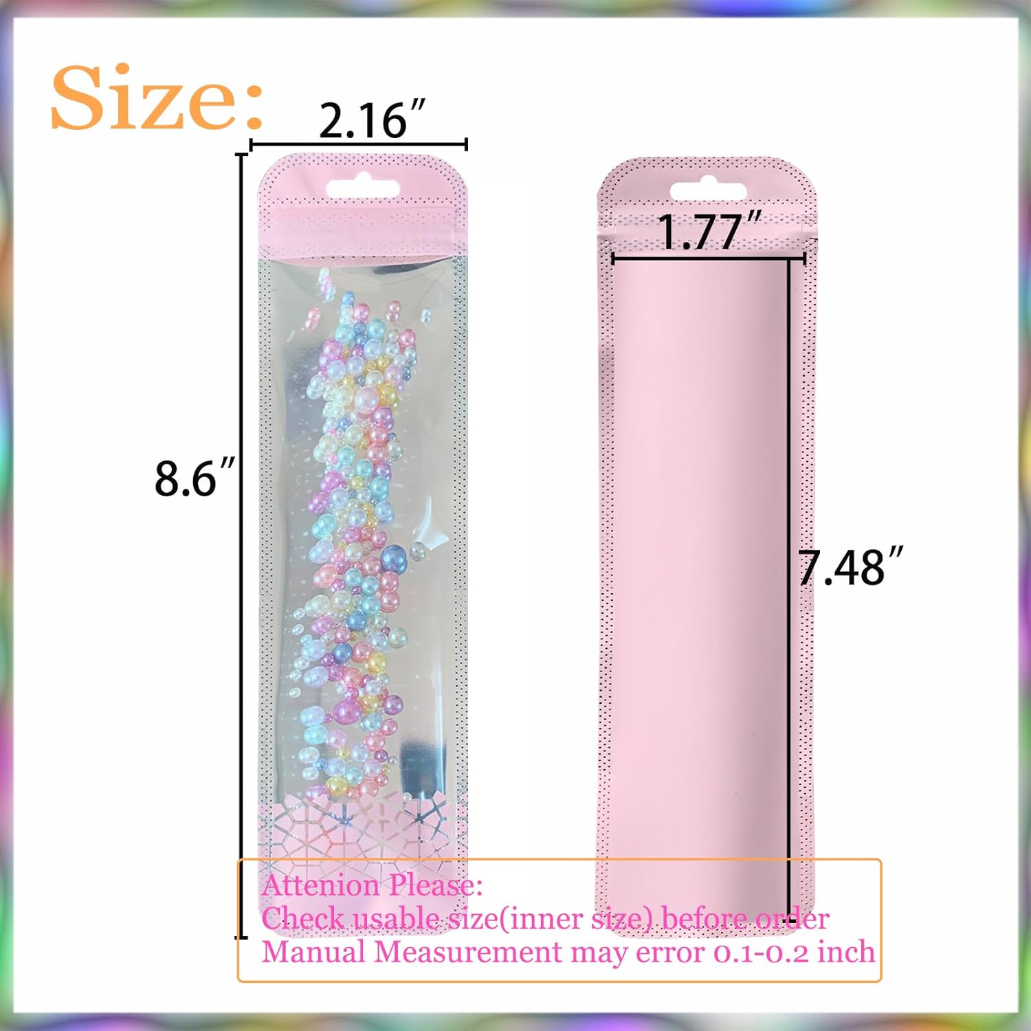 100 Pack Holographic Pen Bags Clear Resealable Bags,Resealable Zipper Pouch Bead Packaging for Pen,Jewelry,Brushes，Lipgloss Small Business 2.16x8.6inch