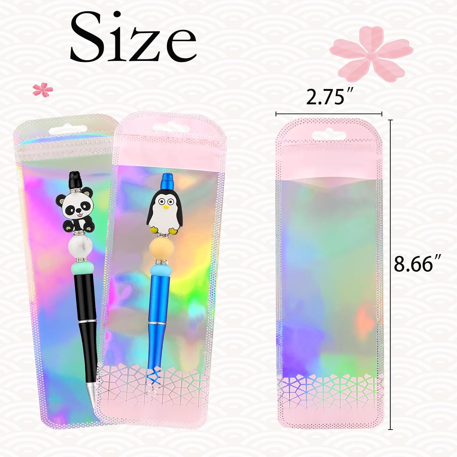 100 PCS Clear Beadable Pen Packaging Bags Resealable Zipper Holographic Beaded Bags for Small Bussniss Packaging for Jewelry 2.75x8.66"