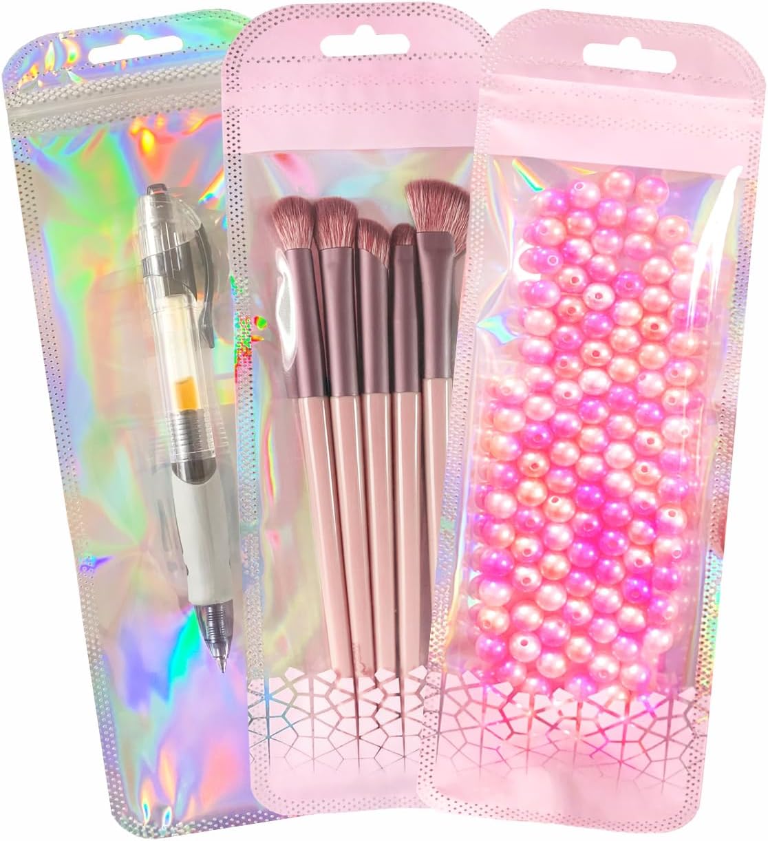 100 PCS Clear Beadable Pen Packaging Bags Resealable Zipper Holographic Beaded Bags for Small Bussniss Packaging for Jewelry 2.75x8.66"