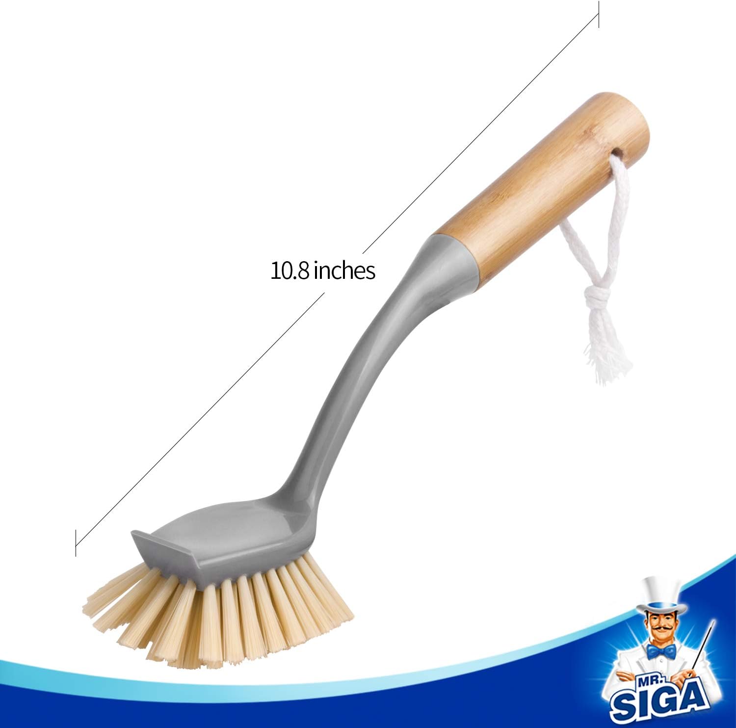 Dish Brush with Long Bamboo Handle Built-in Scraper, Scrub Brush for Pans, Pots, Kitchen Sink Cleaning, Pack of 2