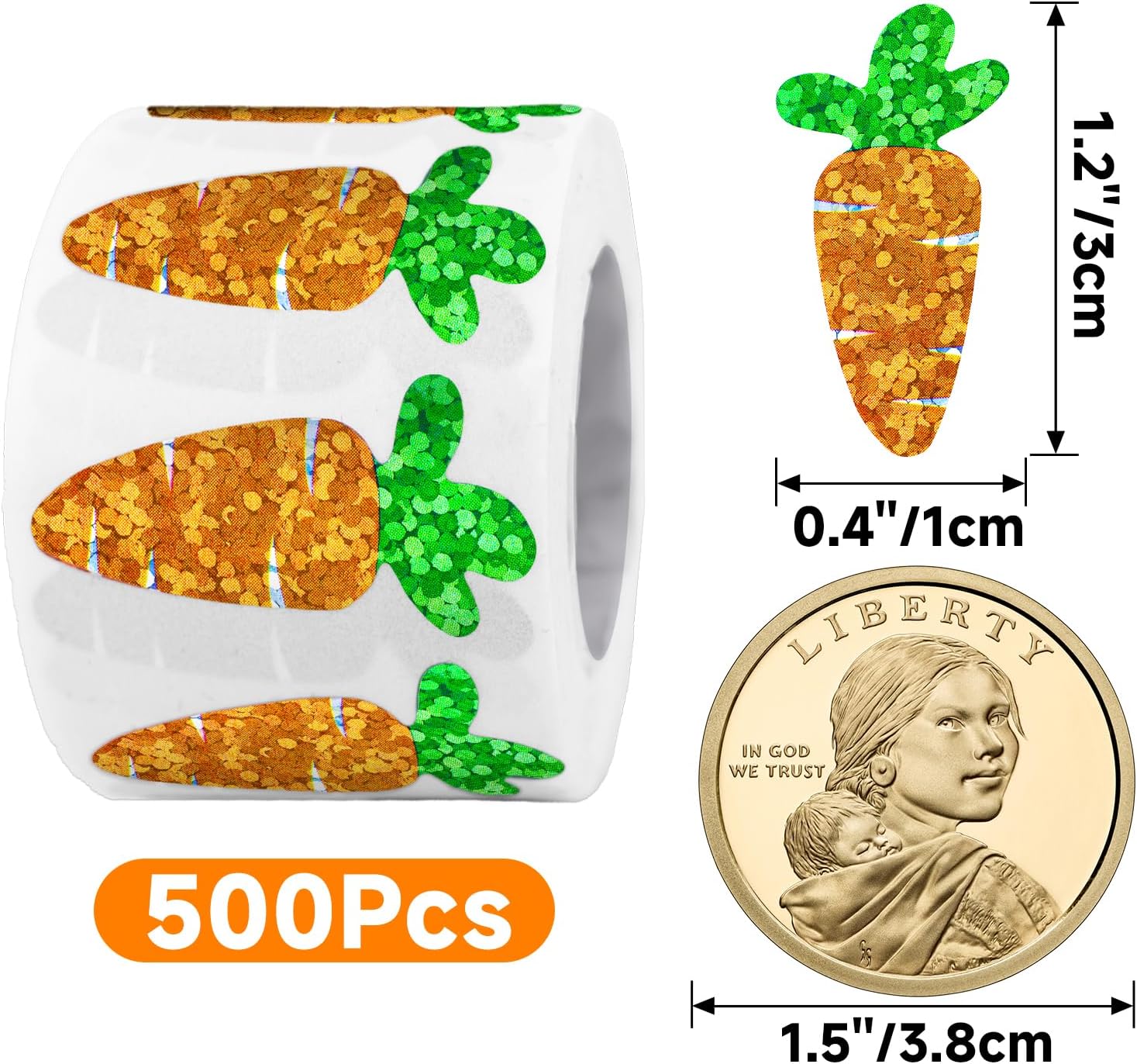 Easter Carrot Stickers - 500Pcs 1.2×0.4'' Carrot Shape Stickers Holographic Carrots Sticker Roll Self Adhesive Happy Easter Sticker for Egg Basket Envelope Seal Card Easter Party Favor Decor