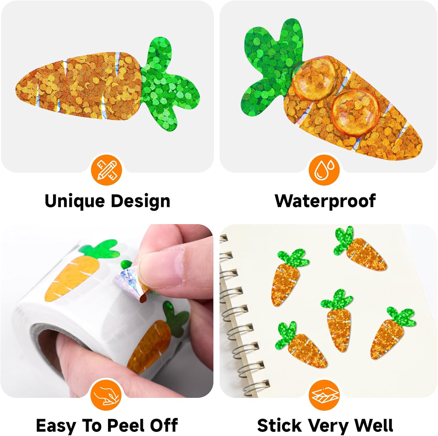 Easter Carrot Stickers - 500Pcs 1.2×0.4'' Carrot Shape Stickers Holographic Carrots Sticker Roll Self Adhesive Happy Easter Sticker for Egg Basket Envelope Seal Card Easter Party Favor Decor