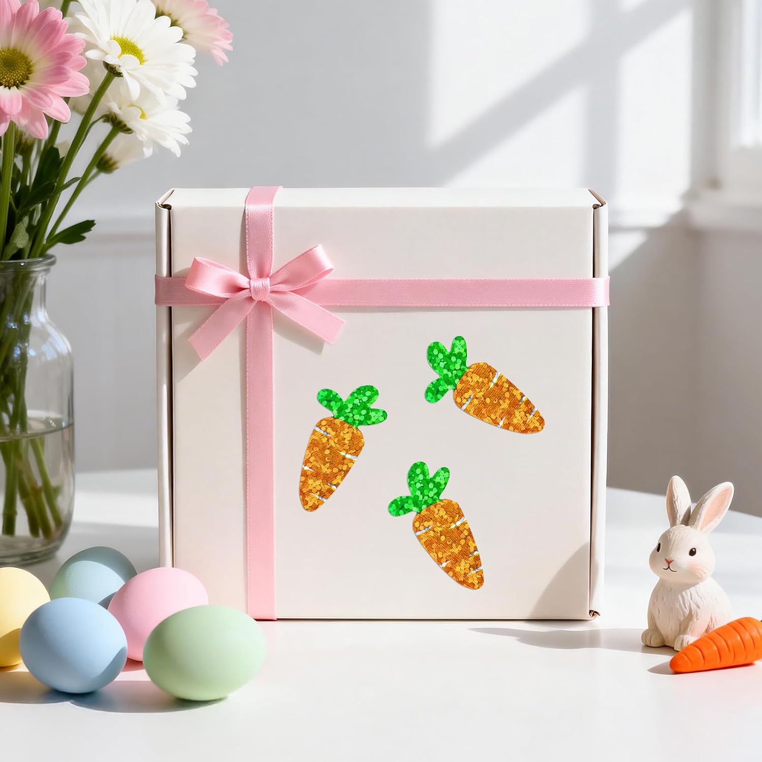 Easter Carrot Stickers - 500Pcs 1.2×0.4'' Carrot Shape Stickers Holographic Carrots Sticker Roll Self Adhesive Happy Easter Sticker for Egg Basket Envelope Seal Card Easter Party Favor Decor