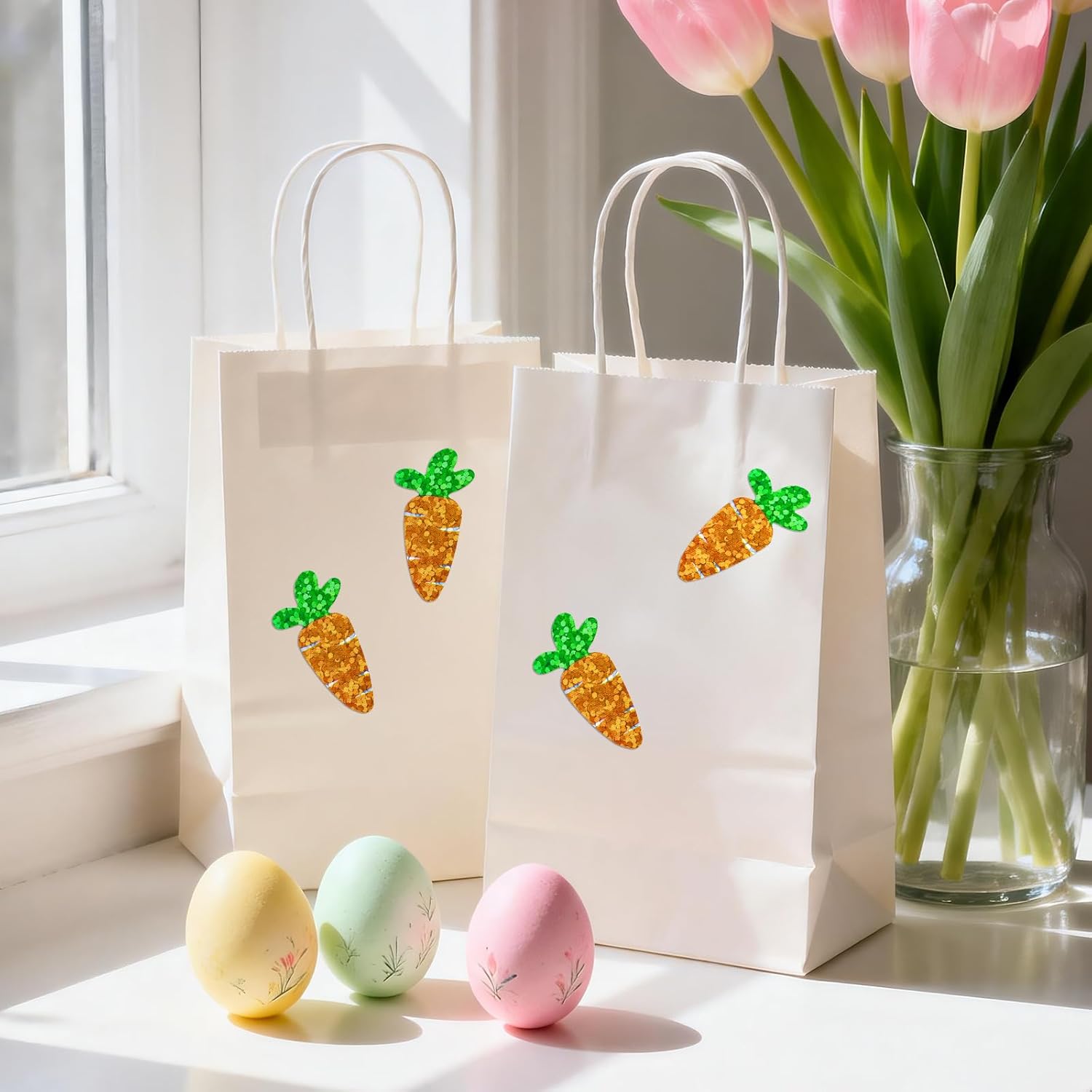 Easter Carrot Stickers - 500Pcs 1.2×0.4'' Carrot Shape Stickers Holographic Carrots Sticker Roll Self Adhesive Happy Easter Sticker for Egg Basket Envelope Seal Card Easter Party Favor Decor