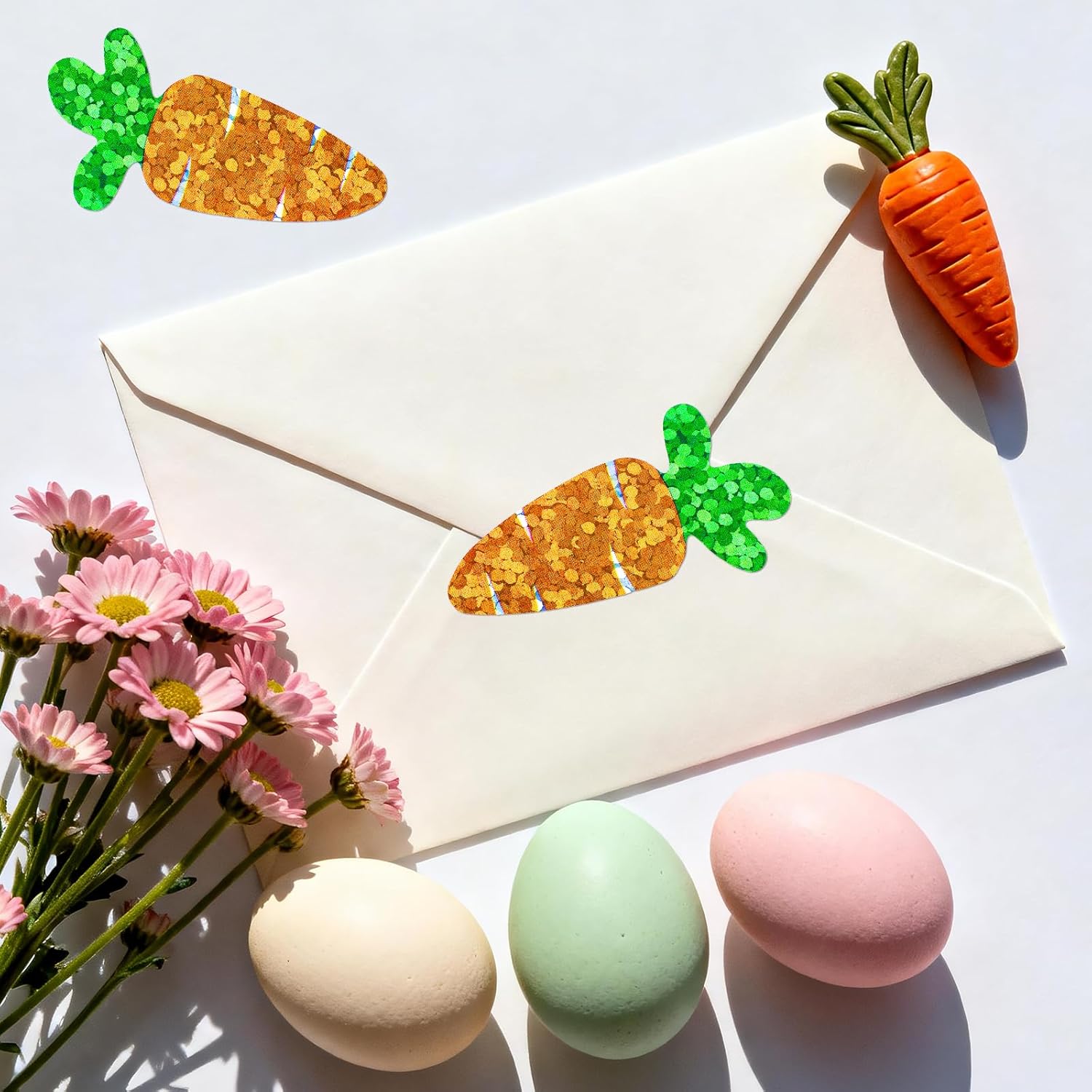 Easter Carrot Stickers - 500Pcs 1.2×0.4'' Carrot Shape Stickers Holographic Carrots Sticker Roll Self Adhesive Happy Easter Sticker for Egg Basket Envelope Seal Card Easter Party Favor Decor