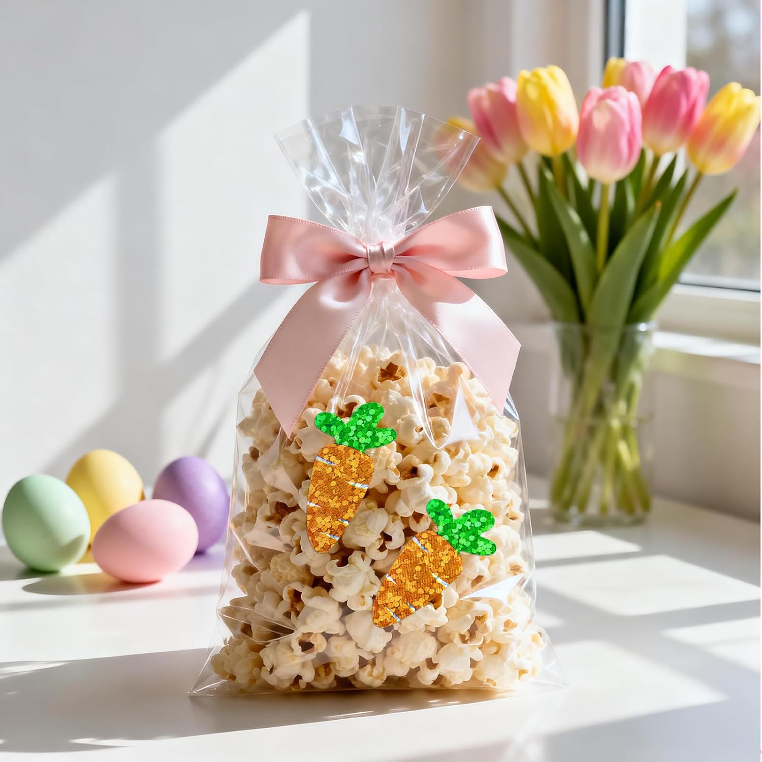 Easter Carrot Stickers - 500Pcs 1.2×0.4'' Carrot Shape Stickers Holographic Carrots Sticker Roll Self Adhesive Happy Easter Sticker for Egg Basket Envelope Seal Card Easter Party Favor Decor