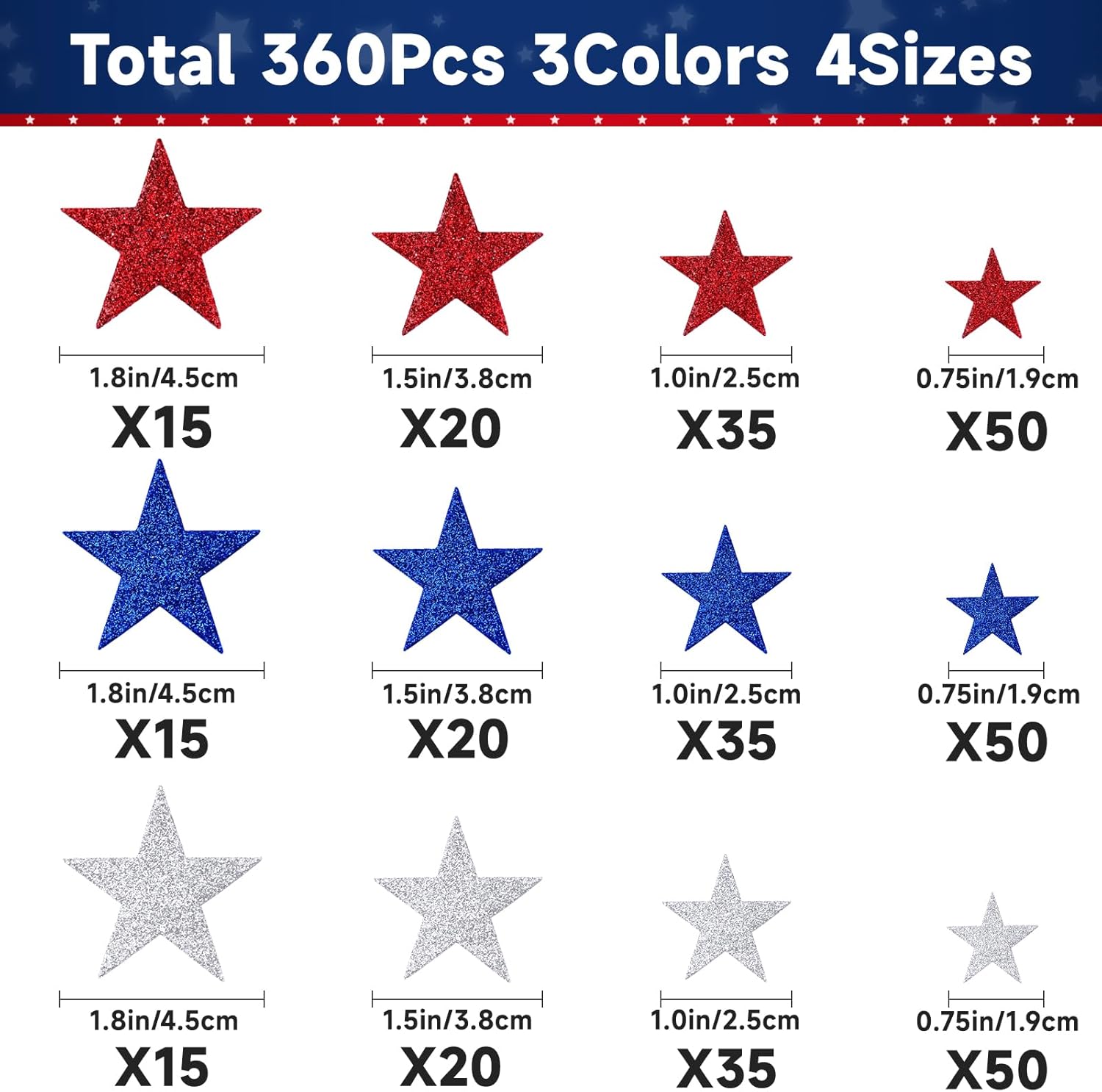 360Pcs Star Stickers - Red Blue Silver USA Patriotic Star Stickers Self Adhesive 4th of July Sticker Glitter Foam Stars Shaped Sticker for Kids Reward Art Craft Memorial Independence Day Decor