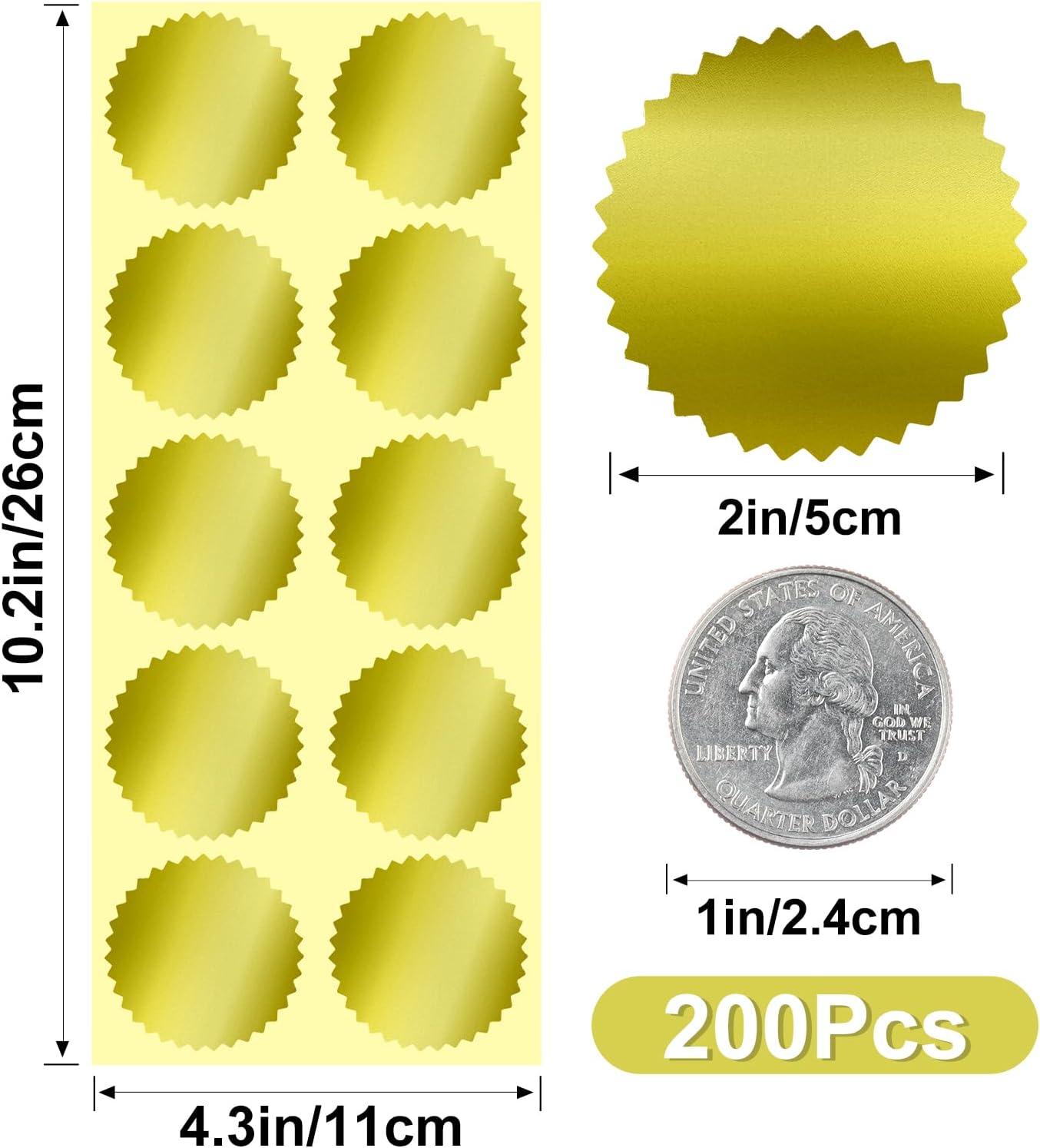 Embossing Stickers,200Pcs 2'' Gold Foil Seals Stickers for Certificates,Self-Adhesive Envelope Seal Label Sticker with Serrated Edge,Blank Embosser Stamp Sticker for Book Invitation Notary Seal