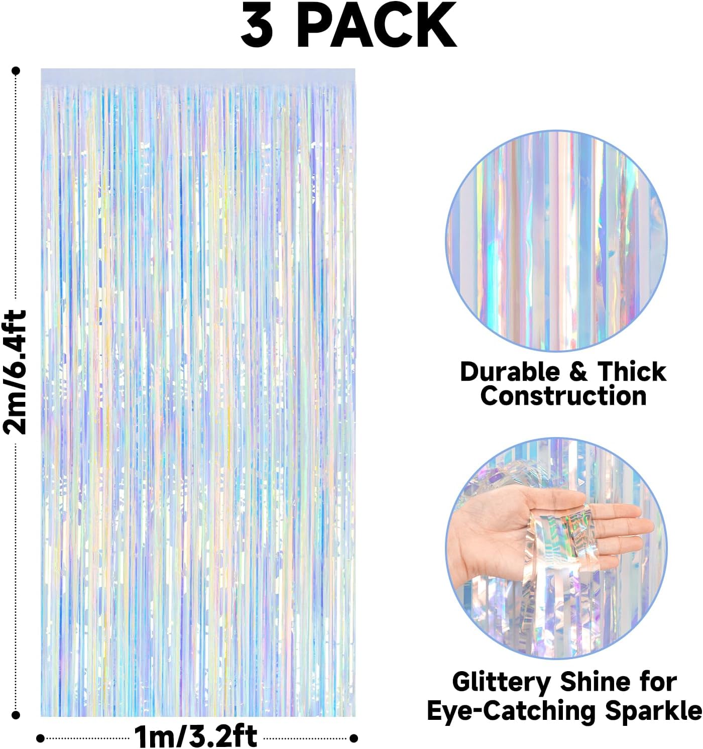 3 Pack Iridescent Tinsel Foil Fringe Curtain, Holographic Party Photo Backdrop for Mermaid Party Birthday Graduation Engagement Bridal Shower Bachelorette New Year Baby Shower Party Decor