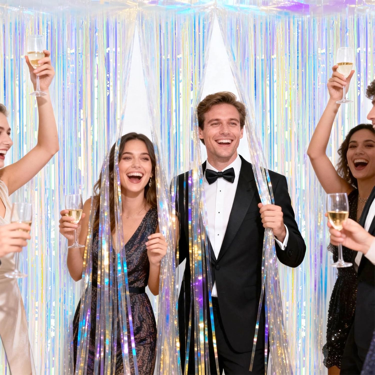3 Pack Iridescent Tinsel Foil Fringe Curtain, Holographic Party Photo Backdrop for Mermaid Party Birthday Graduation Engagement Bridal Shower Bachelorette New Year Baby Shower Party Decor