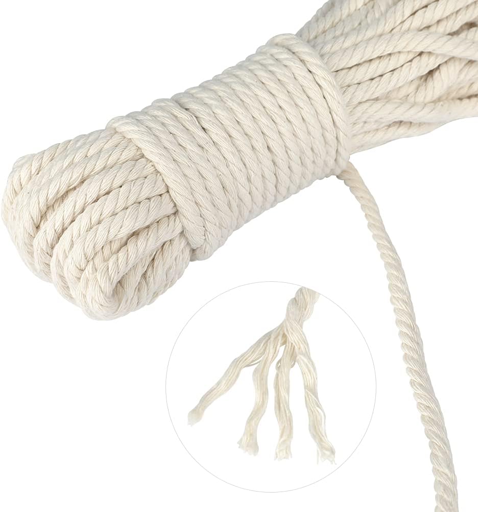 1/4Inch Cotton Rope - 6mm x 65Ft White Macrame Cord, 4Ply Clothesline Ropes for DIY Crafts, Outdoor, Nautical, Toys