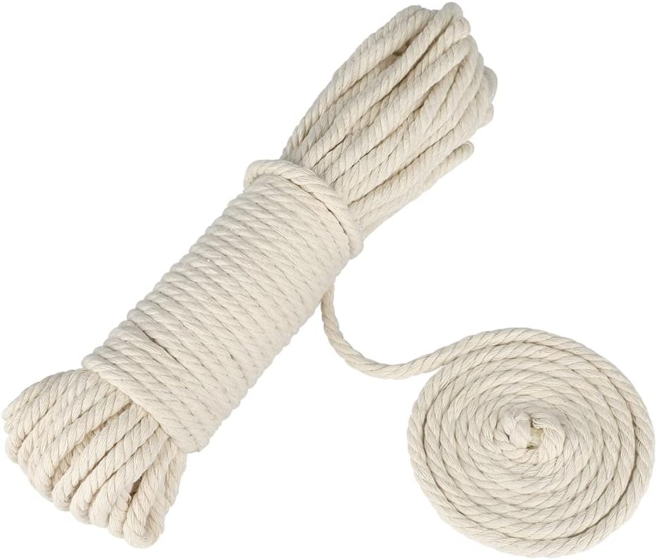 1/4Inch Cotton Rope - 6mm x 65Ft White Macrame Cord, 4Ply Clothesline Ropes for DIY Crafts, Outdoor, Nautical, Toys