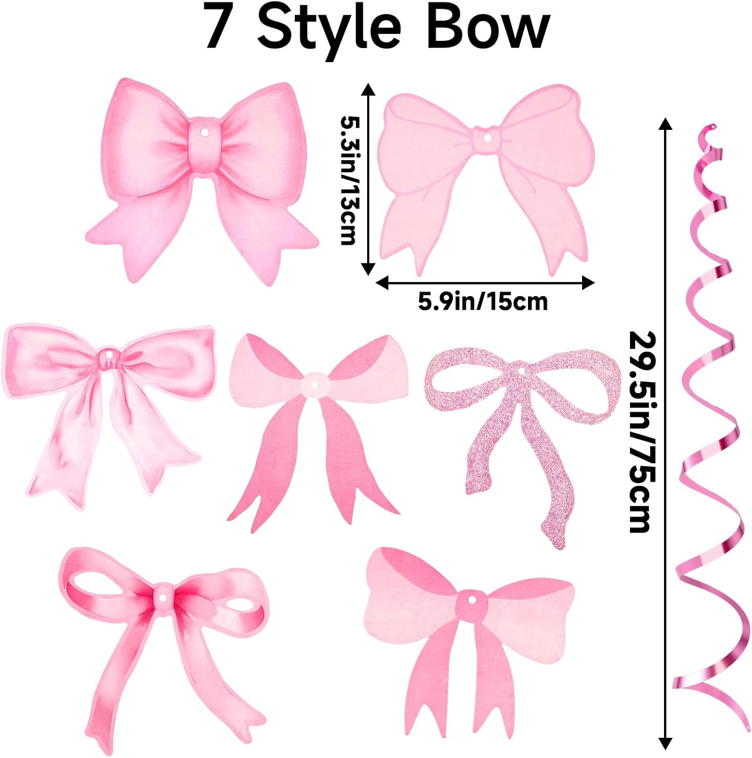 Pink Bow Garland, 20Pcs Bow Birthday Banner, Girl Theme Party Garland Banner, Pink Swirls Decoration for Baby Shower, Bridal Shower, Bachelorette