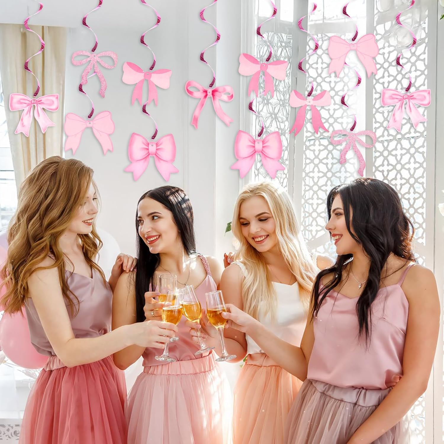 Pink Bow Garland, 20Pcs Bow Birthday Banner, Girl Theme Party Garland Banner, Pink Swirls Decoration for Baby Shower, Bridal Shower, Bachelorette