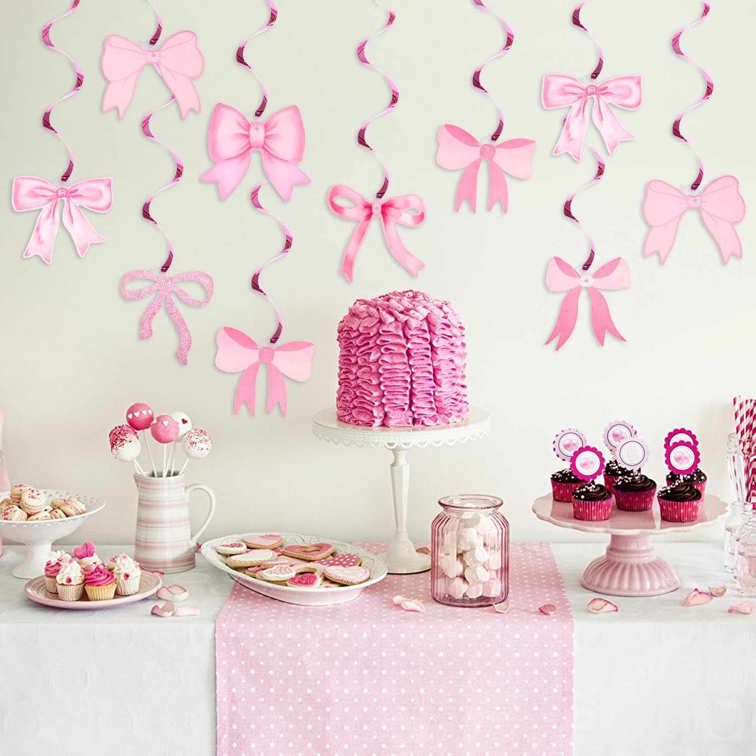Pink Bow Garland, 20Pcs Bow Birthday Banner, Girl Theme Party Garland Banner, Pink Swirls Decoration for Baby Shower, Bridal Shower, Bachelorette