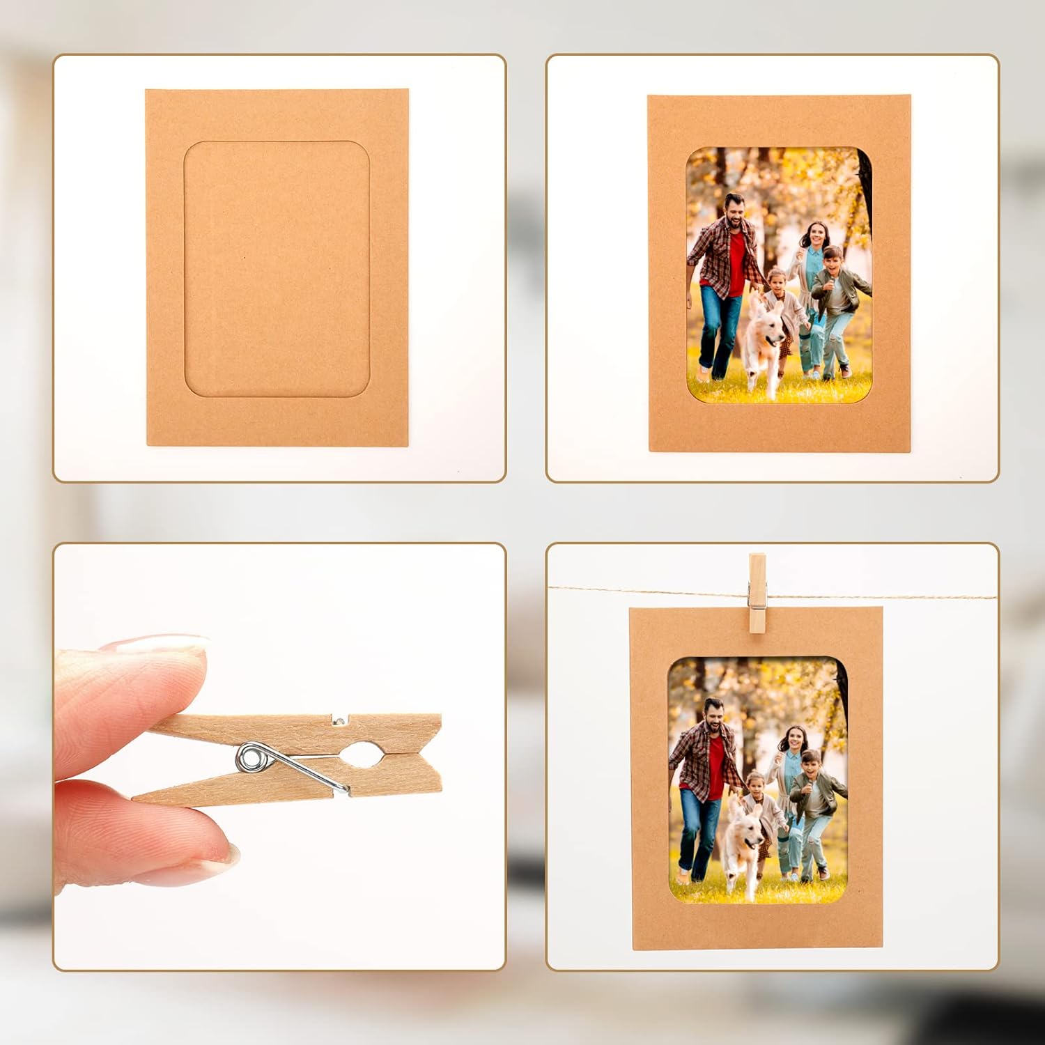 30Pcs Brown Paper Picture Frames, 4x6 inch Cardboard Photo Frames with Wooden Clips and String, DIY Picture Frames for Kids Artwork, Bedroom, Classroom Wall Decor Hanging Photo Display