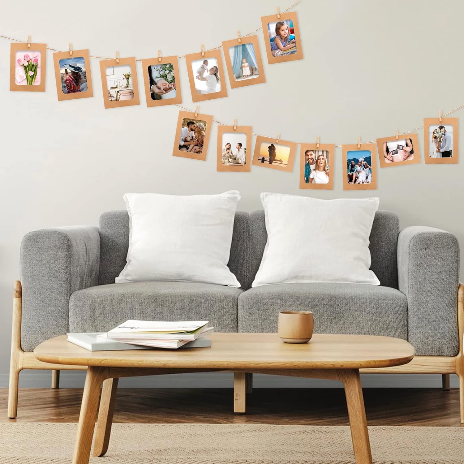 30Pcs Brown Paper Picture Frames, 4x6 inch Cardboard Photo Frames with Wooden Clips and String, DIY Picture Frames for Kids Artwork, Bedroom, Classroom Wall Decor Hanging Photo Display