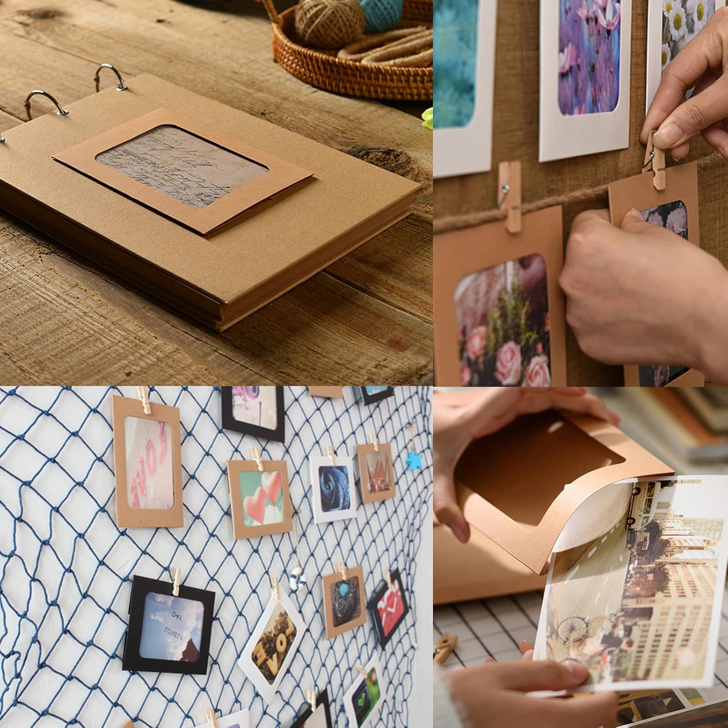 30Pcs Brown Paper Picture Frames, 4x6 inch Cardboard Photo Frames with Wooden Clips and String, DIY Picture Frames for Kids Artwork, Bedroom, Classroom Wall Decor Hanging Photo Display