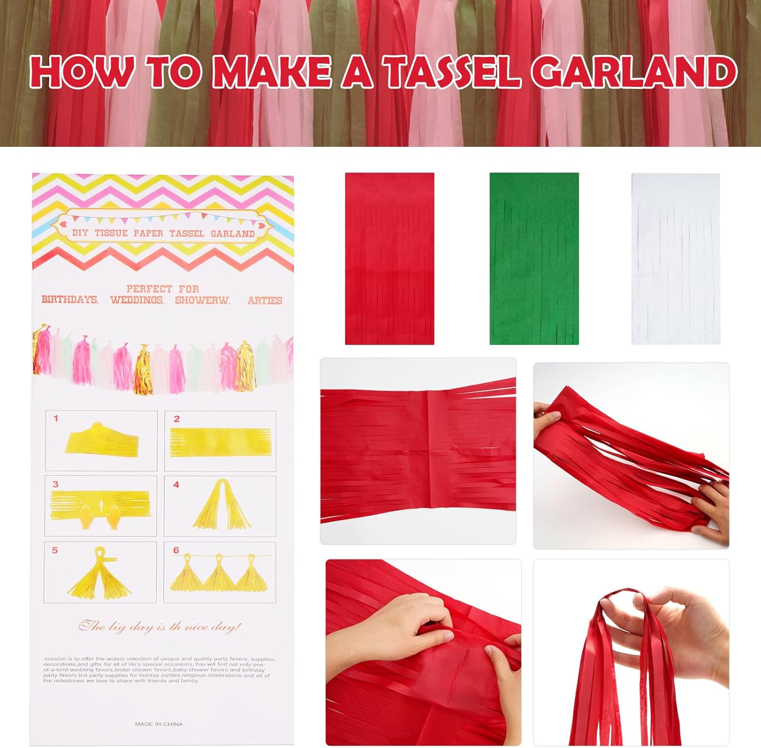21Pcs Tassel Christmas Garland Paper Tassel Garland Banner, Green Red and White DIY Tassel Christmas Garland Decor Christmas Tree Mantle Office Window Door Indoor