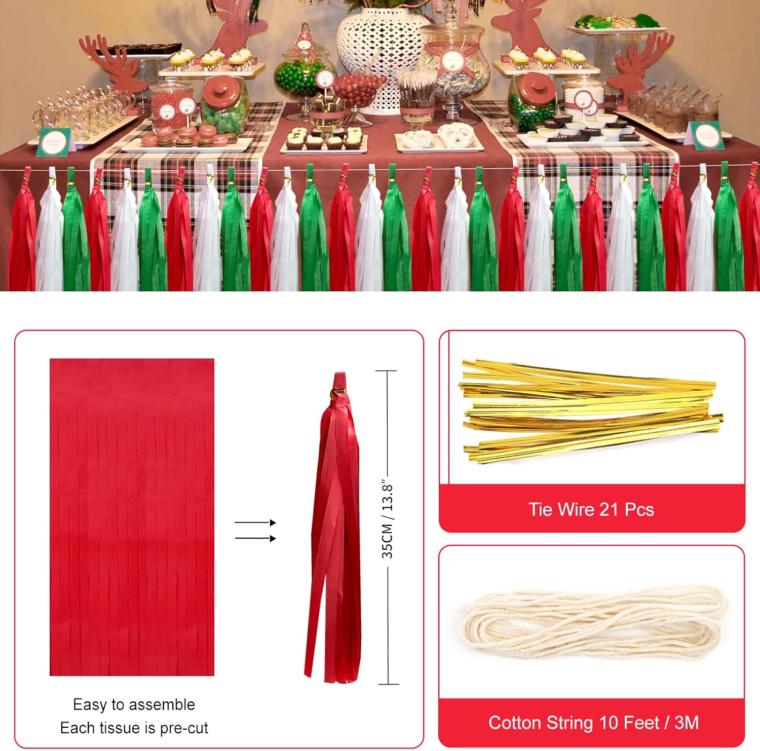 21Pcs Tassel Christmas Garland Paper Tassel Garland Banner, Green Red and White DIY Tassel Christmas Garland Decor Christmas Tree Mantle Office Window Door Indoor