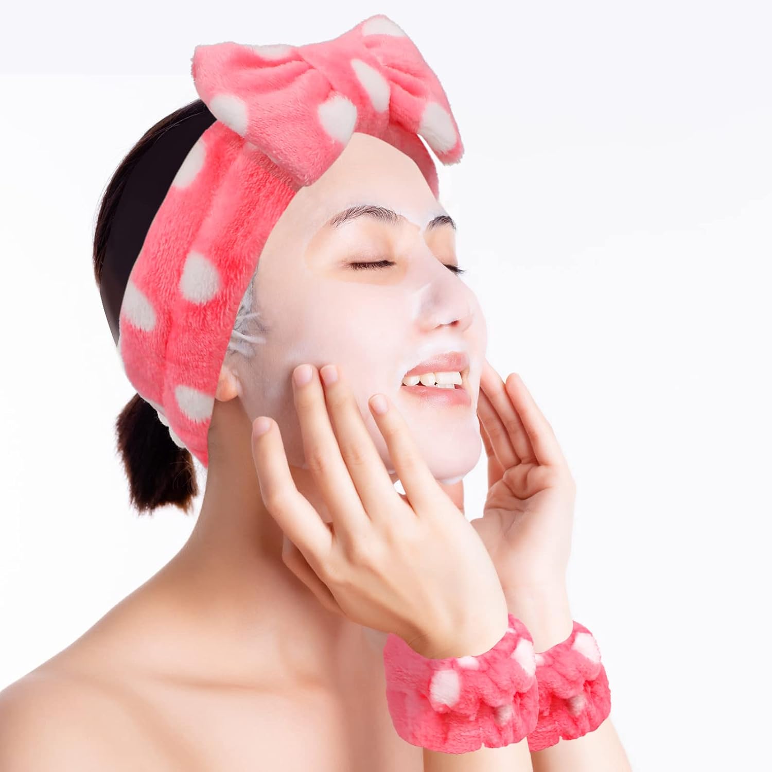 6 Pcs Face Wash Headband Wristband Set,Spa Headband Makeup Skincare Headbands Wrist Bands Scrunchies Bracelets for Washing Face Pink white,Love